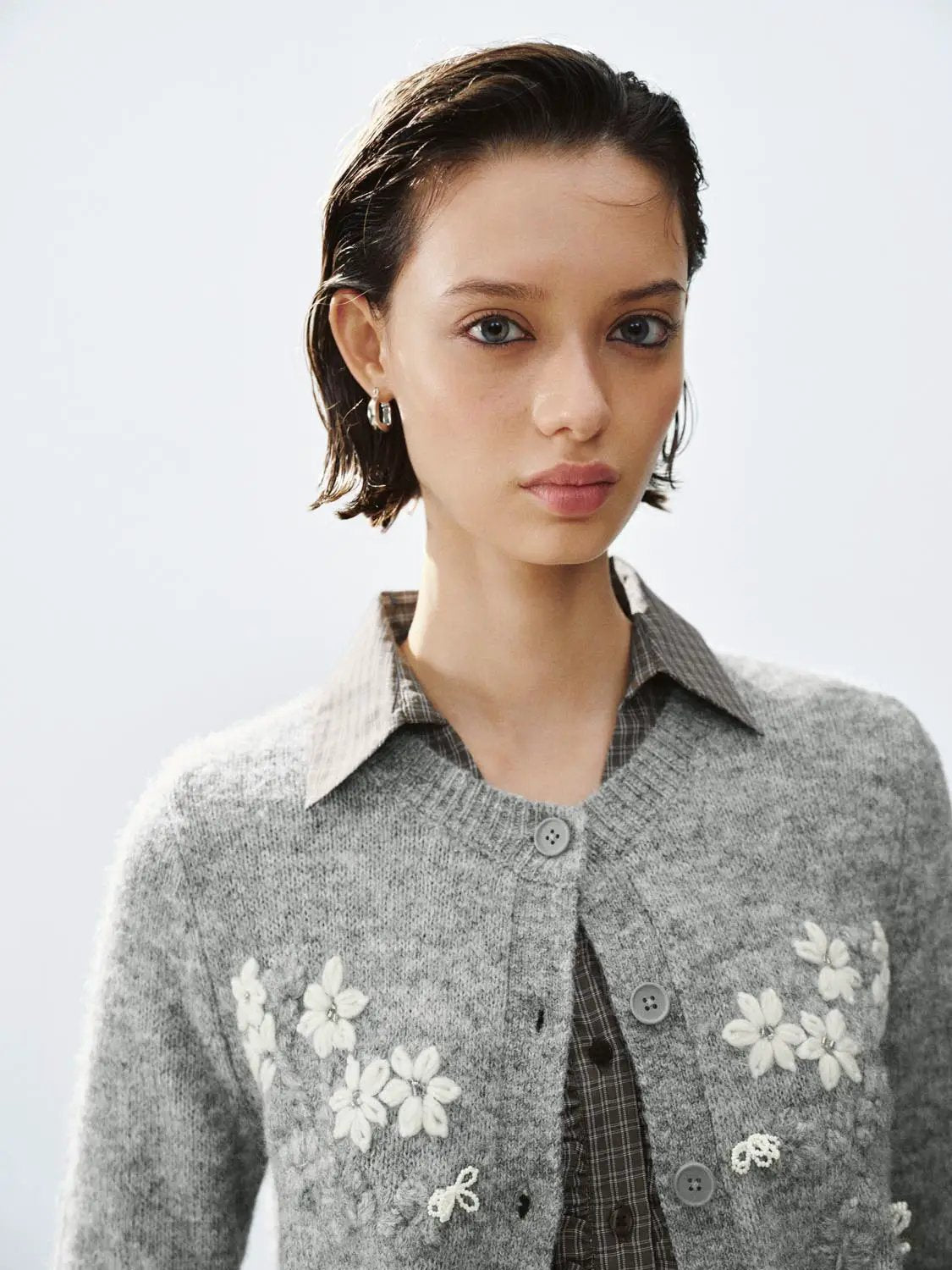 Floral Embroidered Crew Neck Long Sleeve Cardigan, grey knit with white floral embroidery