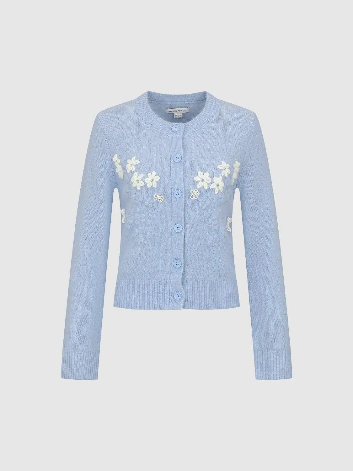 Floral embroidered cardigan, light blue, long-sleeve knit by Urban Revivo.