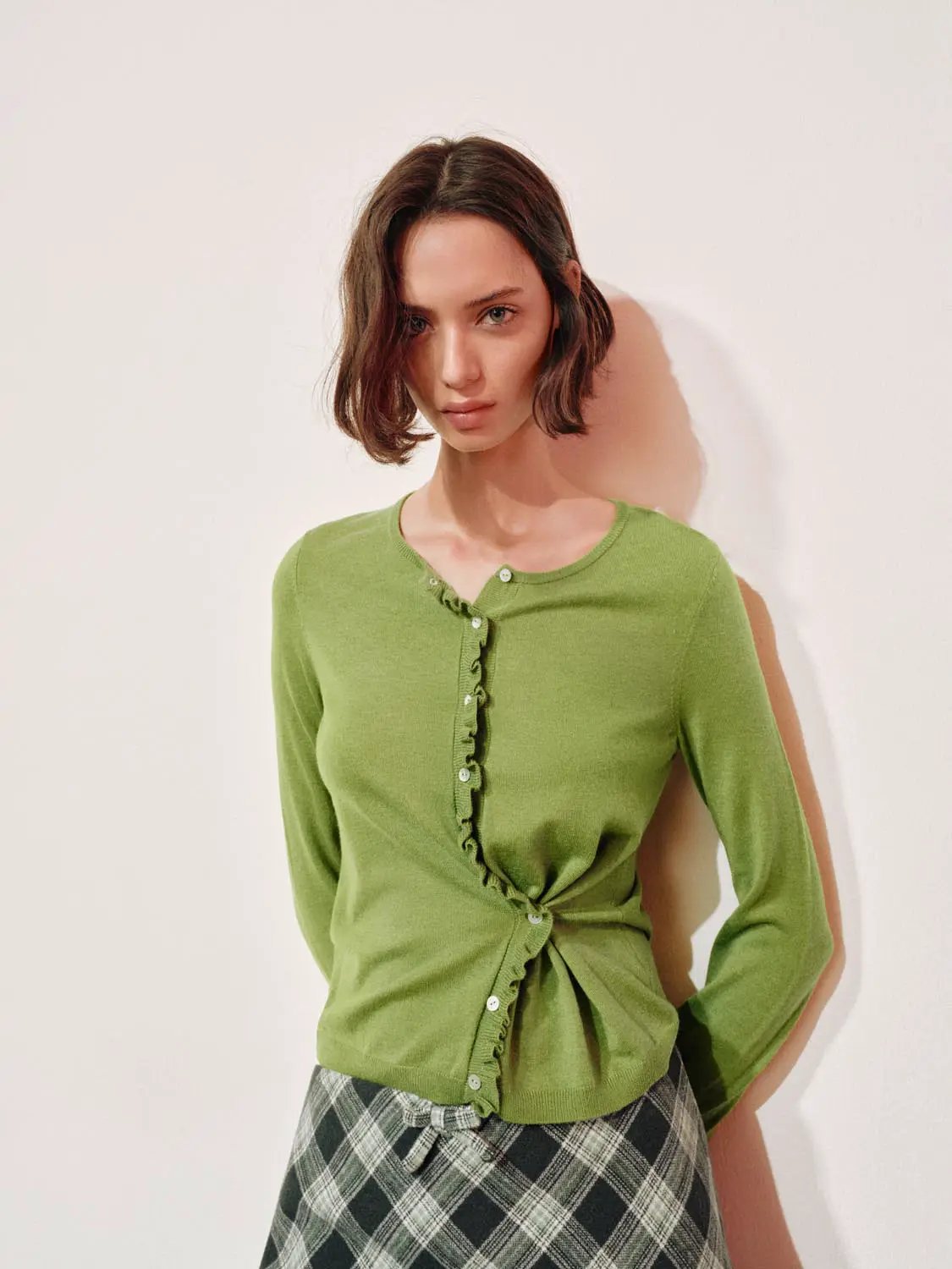 Twisted Ruffle Round-Neck Long-Sleeve Knit Jacket in green; knit cardigan with ruffle-button placket and waist tie.