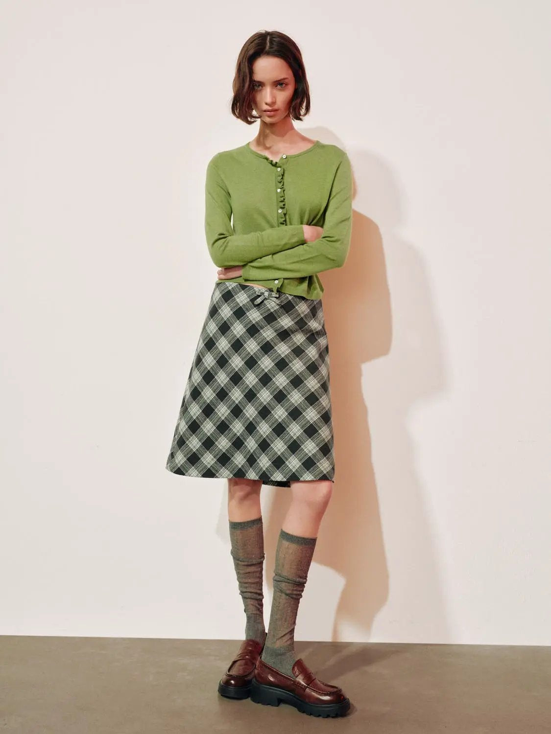 Twisted Ruffle Round Neck Long Sleeve Knit Jacket and plaid skirt, green cardigan with ruffle, Urban Revivo Fashion