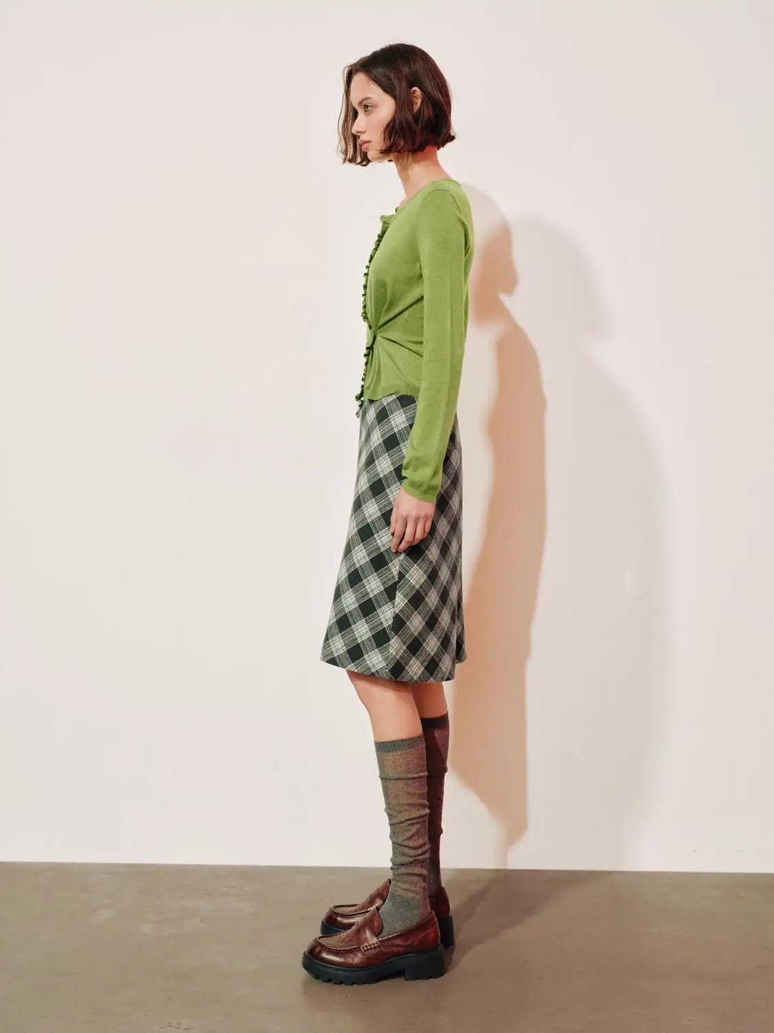 Twisted Ruffle Round-Neck Long-Sleeve Knit Cardigan in olive green by Urban Revivo