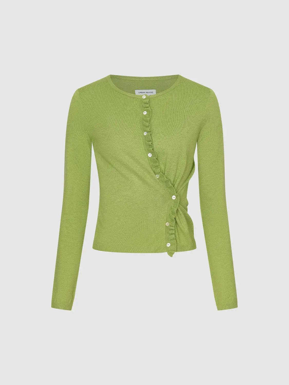 Twisted Ruffle Round Neck Long Sleeve Knit Jacket by Urban Revivo in lime green with diagonal ruched button trim