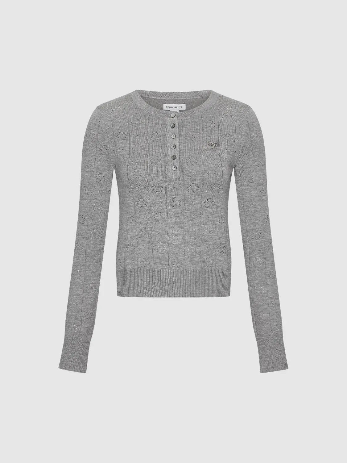 Textured button-front long-sleeve crew-neck sweater by Urban Revivo Fashion in gray knit with subtle pattern.