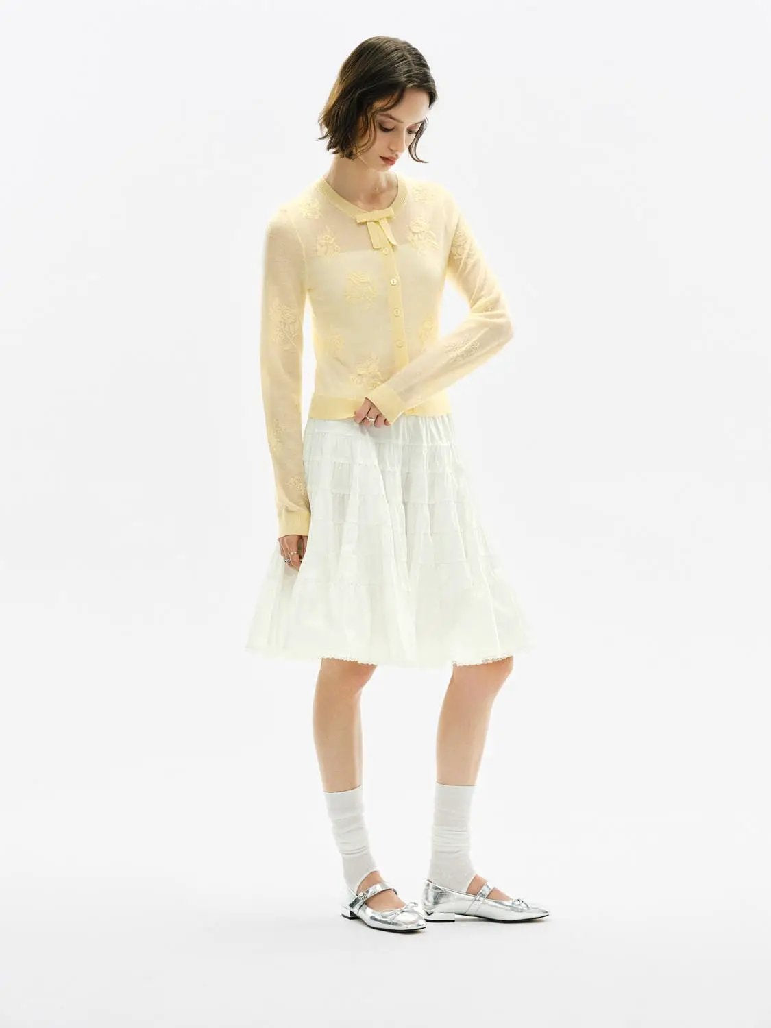 Ribbed floral embroidered bow long sleeve cardigan in pale yellow by Urban Revivo Fashion