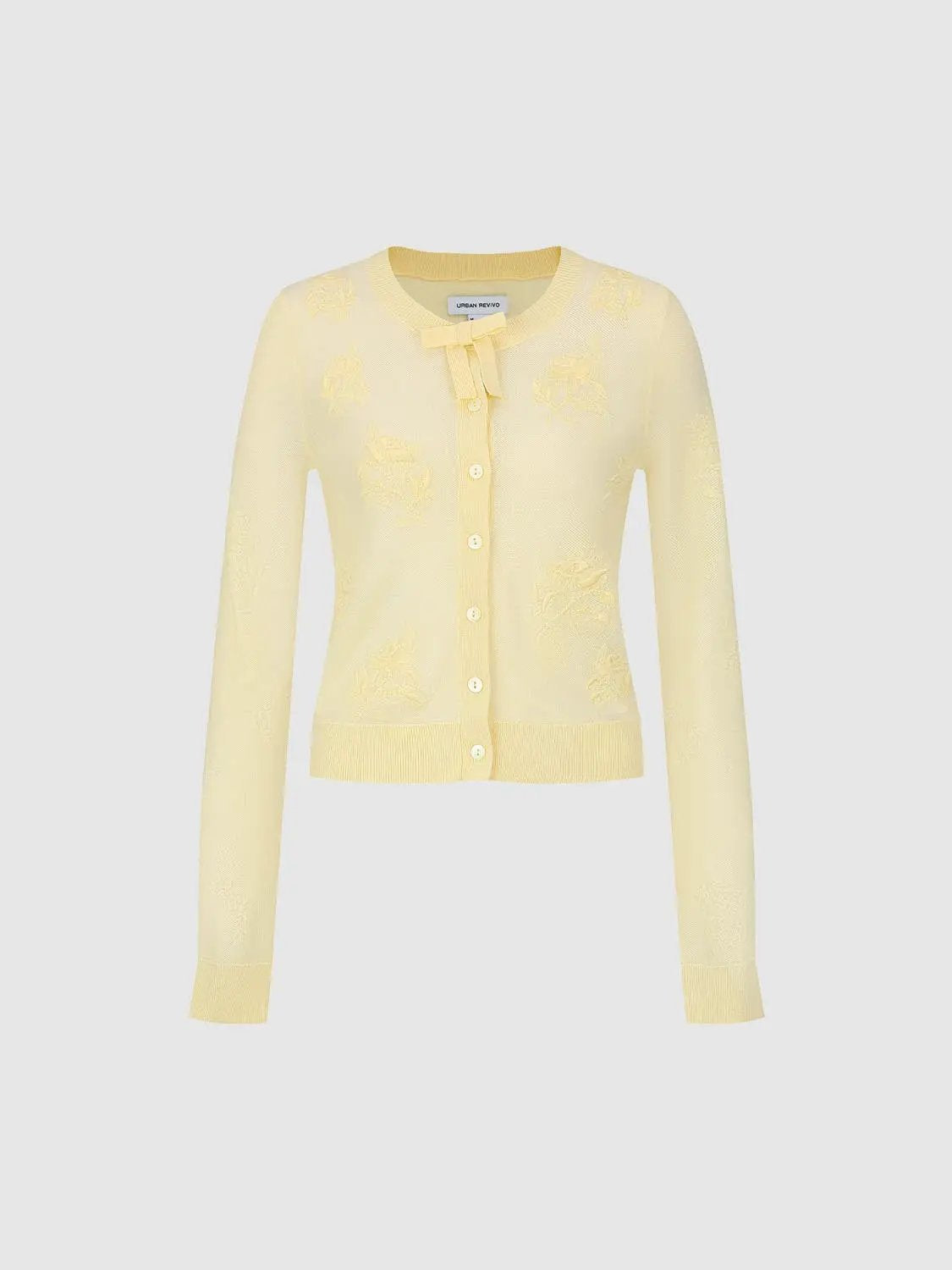 Ribbed floral embroidered bow long sleeve cardigan, pale yellow knit by Urban Revivo Fashion