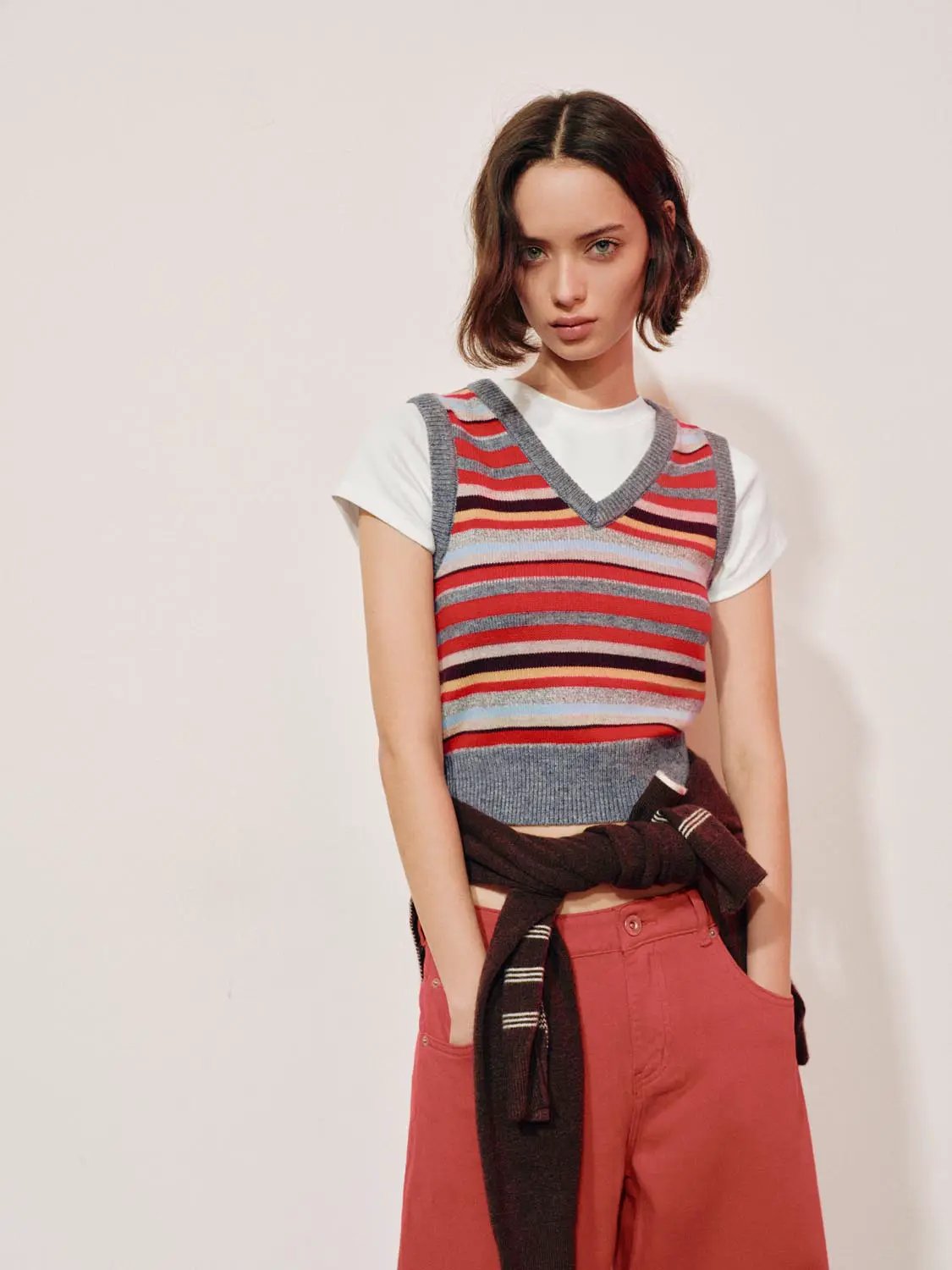Layered striped V-neck knit short-sleeve T-shirt, Urban Revivo, multicolor stripes