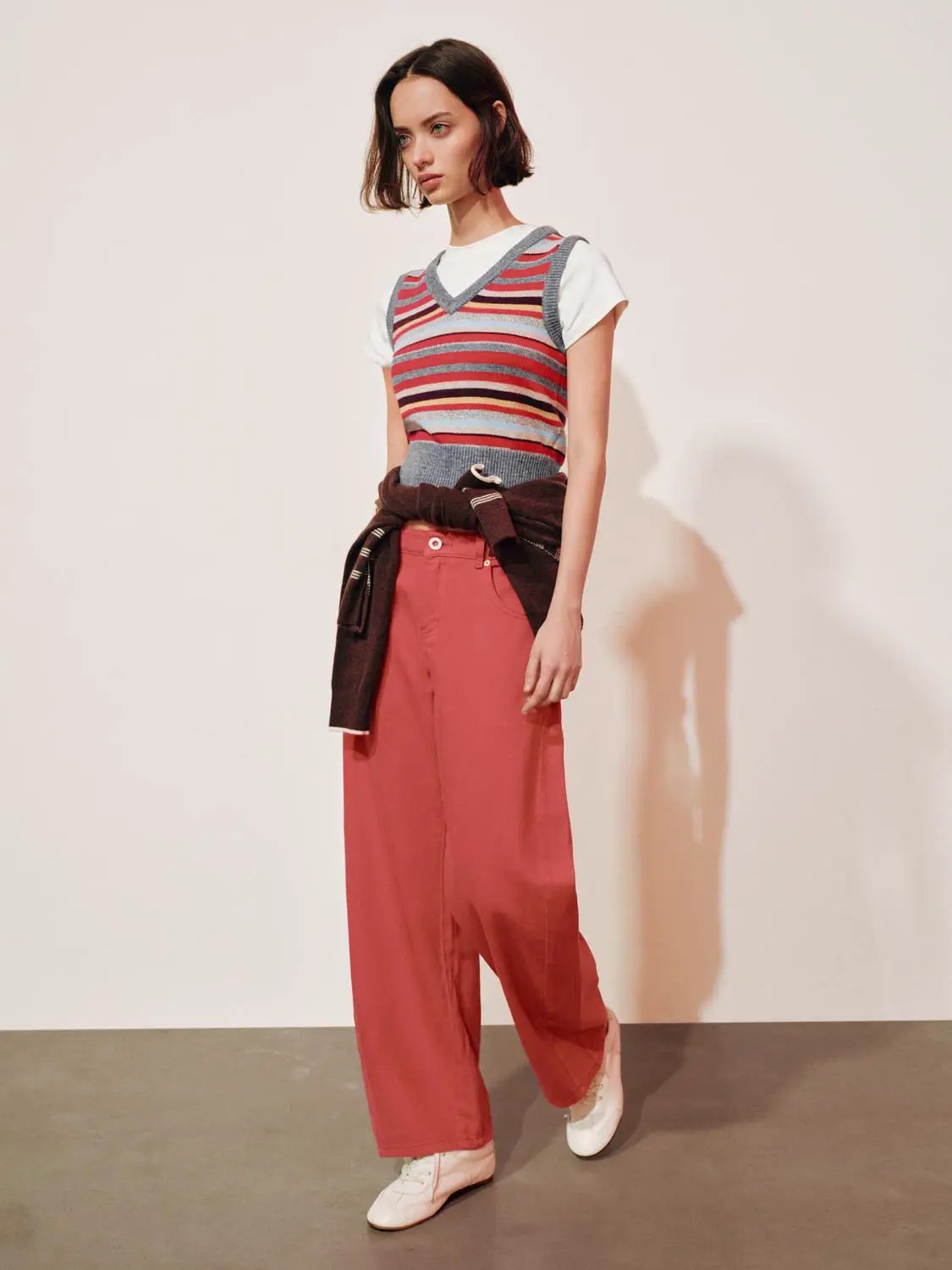 Layered striped V-neck knit short-sleeve T-shirt by Urban Revivo Fashion, multi-color knit over a white tee.