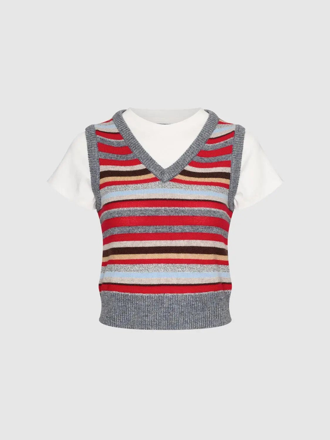 Layered Striped V-neck Knit Short Sleeve T-Shirt over white tee; red, gray and blue striped knit with ribbed hem
