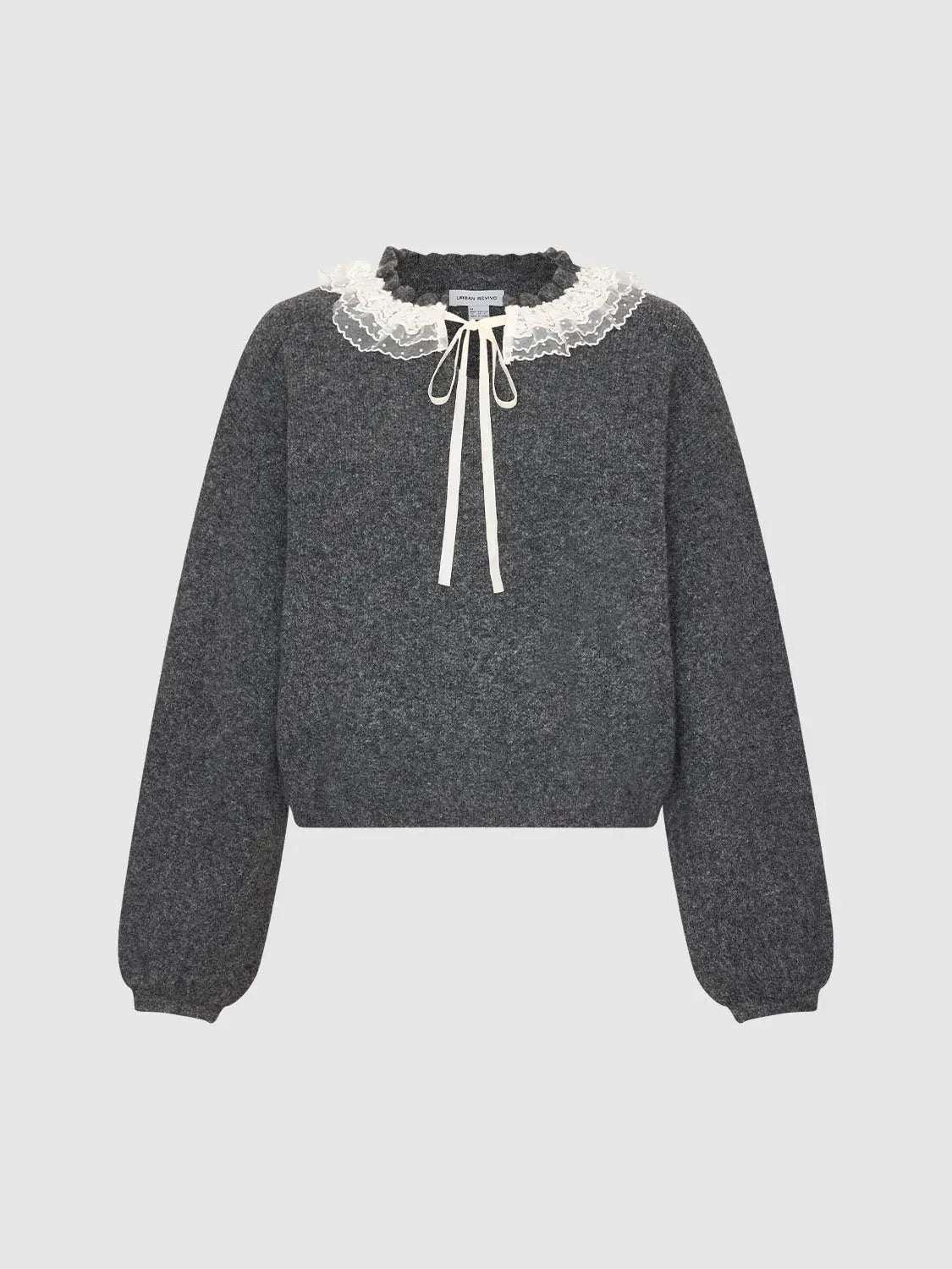 Knit T-Shirt by Urban Revivo Fashion, dark grey knit with white lace collar and bow.