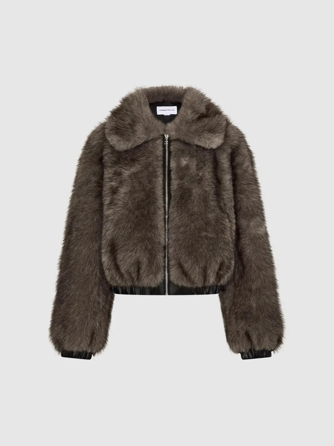Jacket fur coat by Urban Revivo in taupe brown with silver zipper
