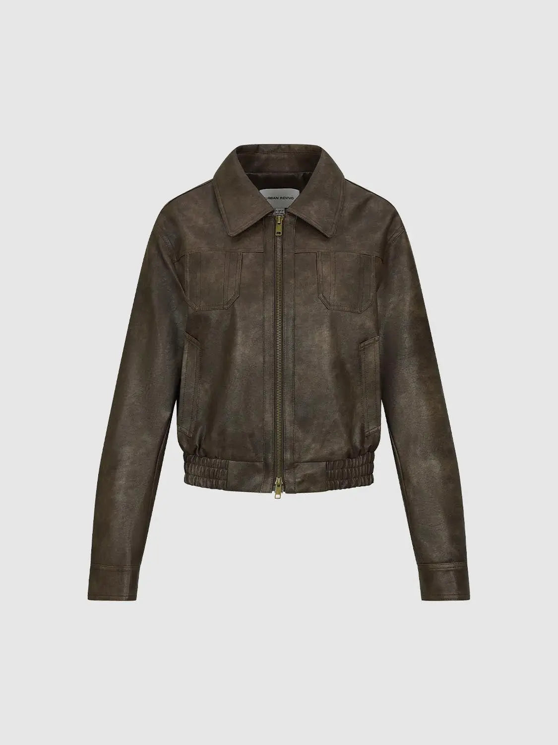 Leather jacket in brown distressed leather by Urban Revivo Fashion with zip front and patch pockets.