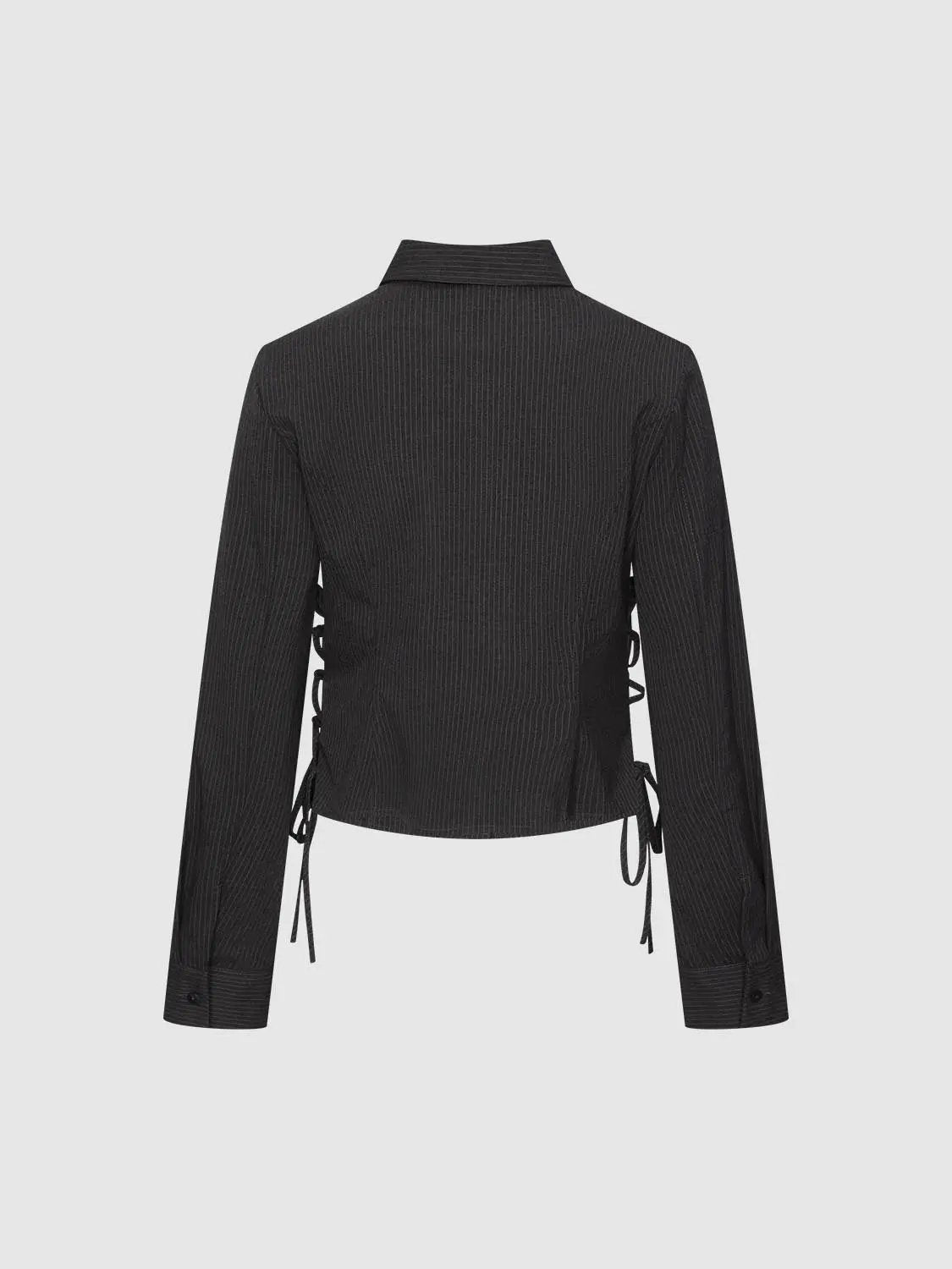 Collared cropped lace-up waist shirt in black pinstripe stretch fabric with side ties