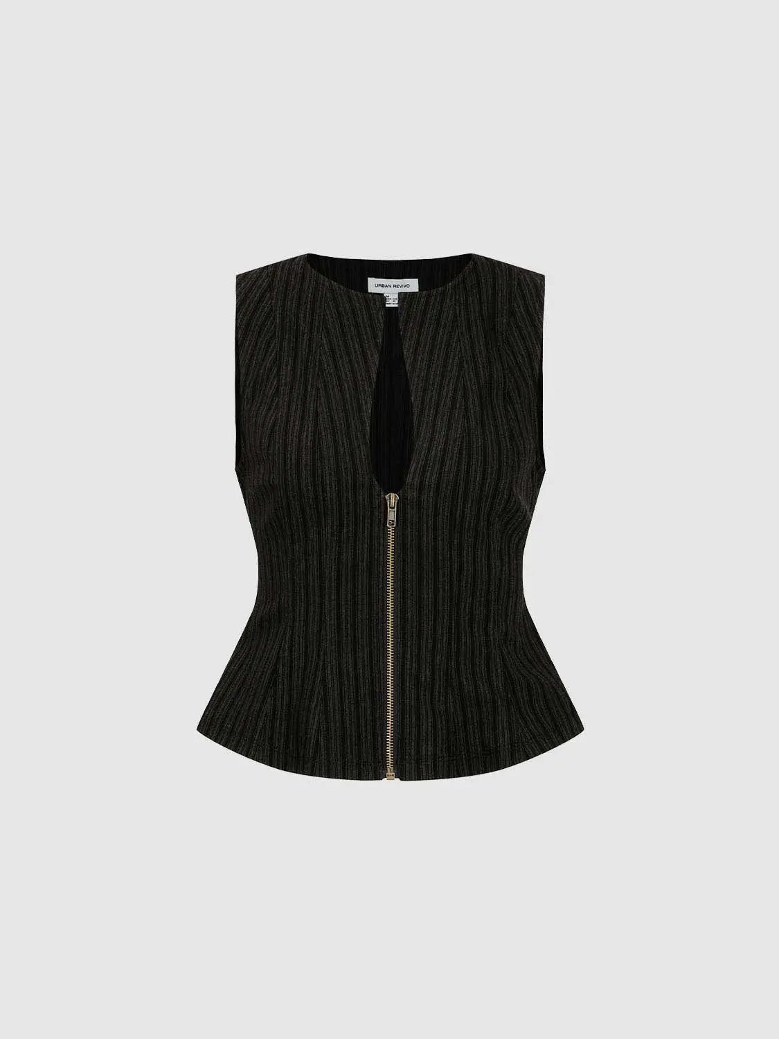 Zip Front Shirt by Urban Revivo Fashion, black sleeveless top with gold zipper.