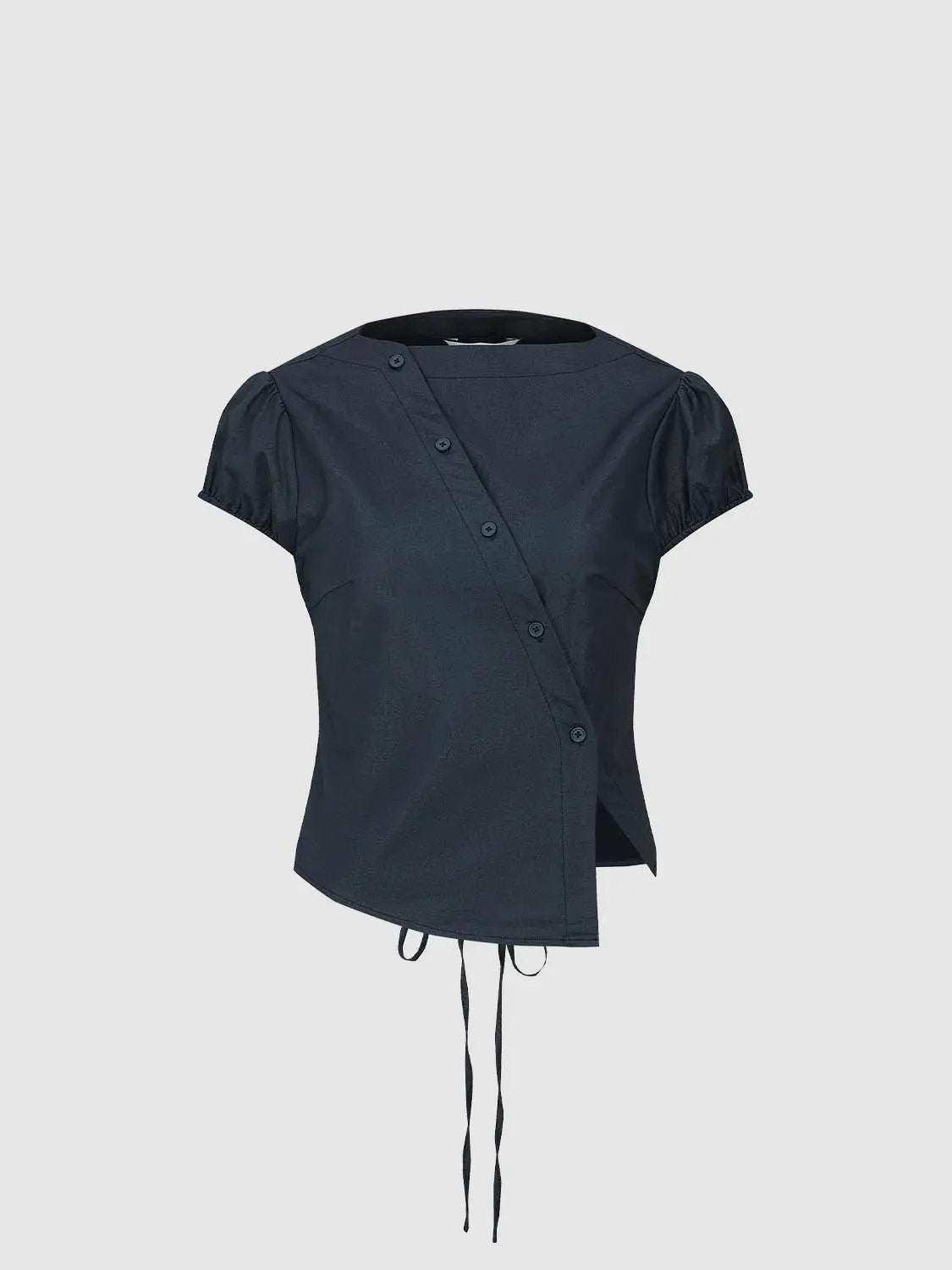 Open-Front Shirts navy blouse with diagonal button placket, puff sleeves, drawstring hem