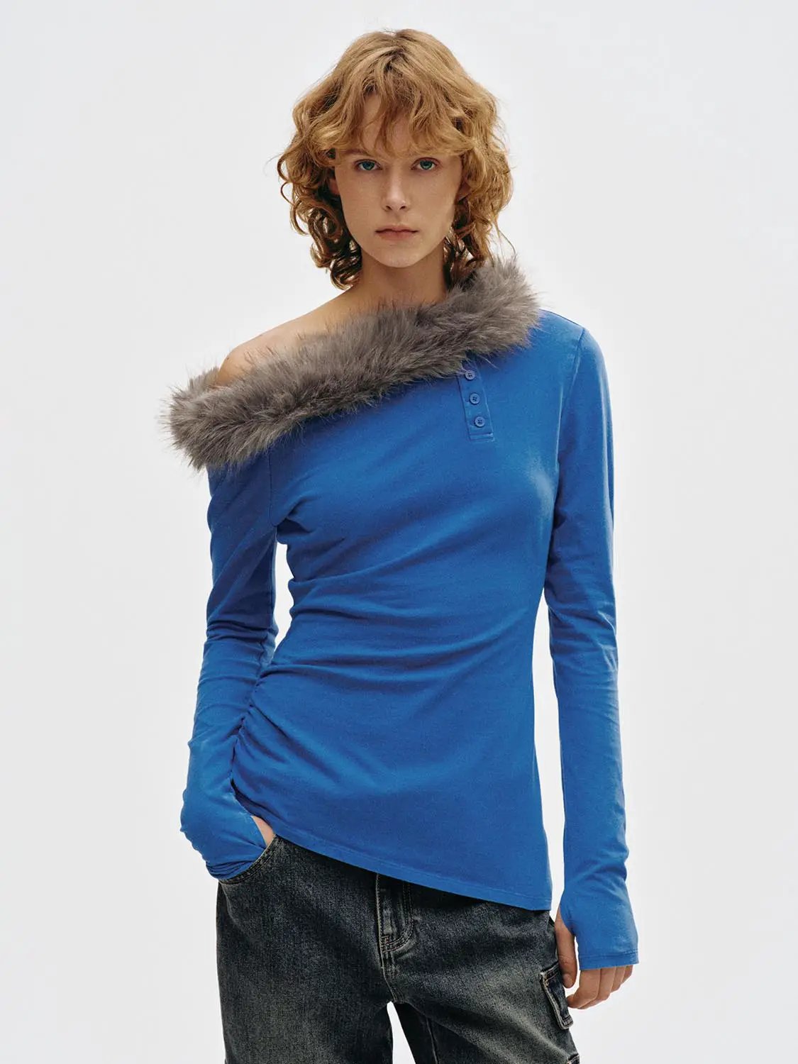 T-Shirt by Urban Revivo Fashion, blue long-sleeve top with gray faux-fur shoulder trim