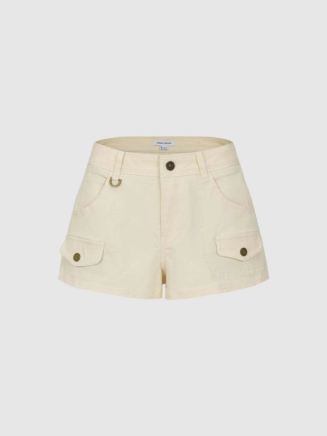 Urban Revivo beige cotton-stretch cargo shorts with flap pockets and D-ring hardware