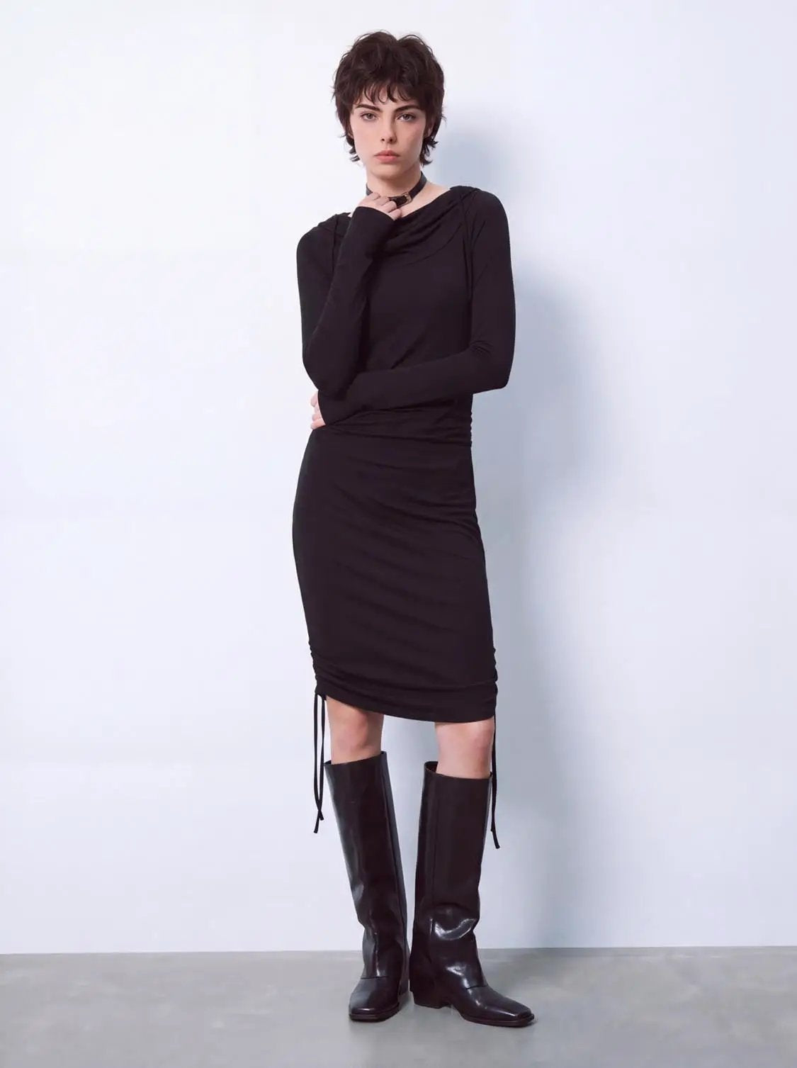 Hooded cowl neck ruched drawstring slim-fit black mini dress with side drawstrings