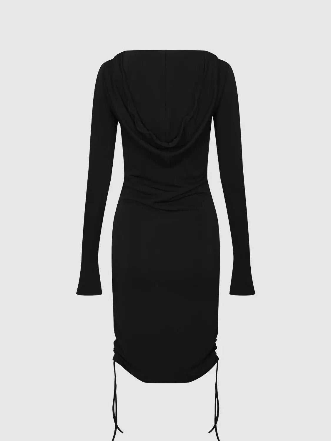 Hooded Cowl Neck Ruched Drawstring Slim Fit Mini Dress, back view, black, Urban Revivo