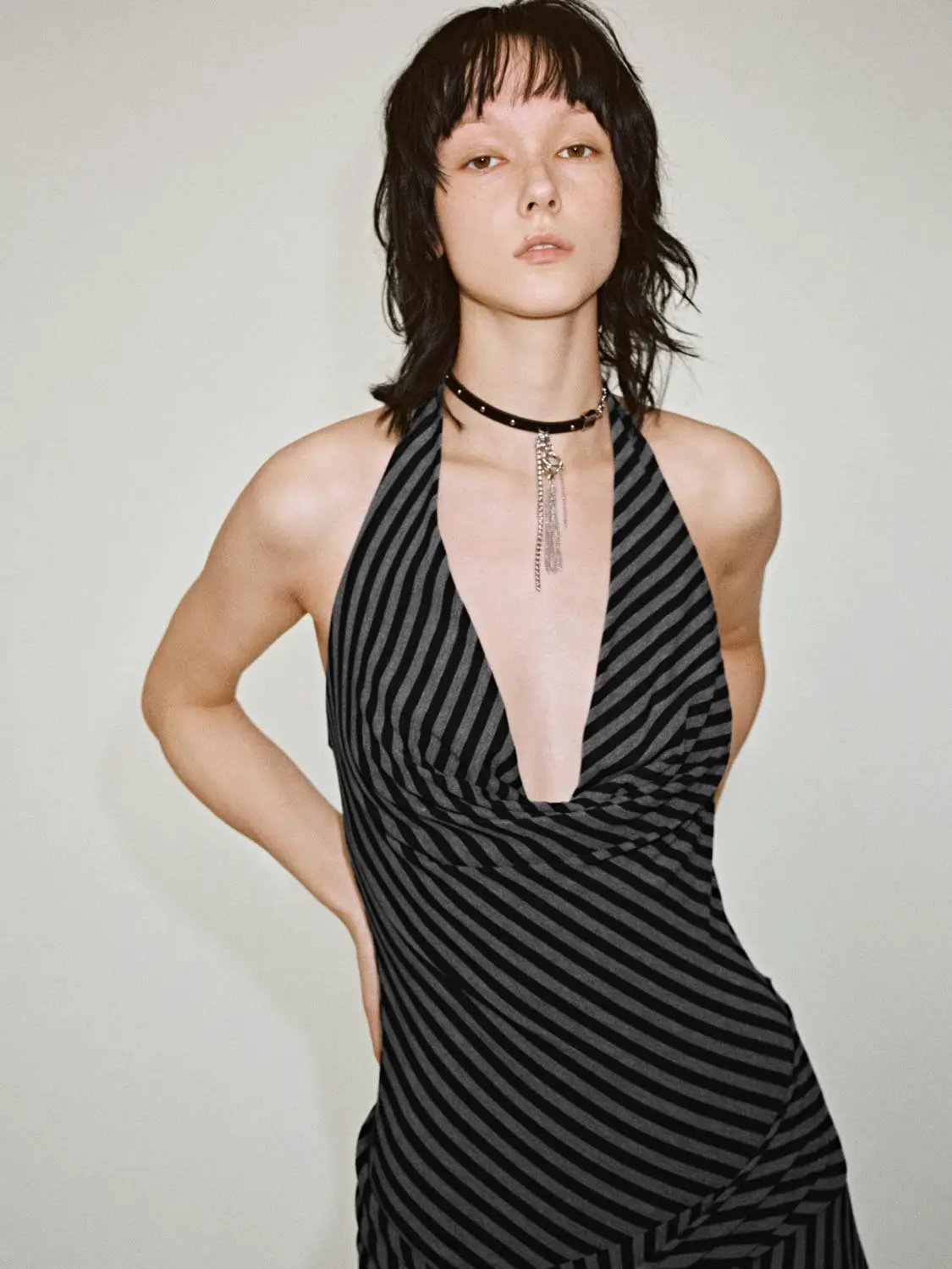 Halter Cowl Neck Striped Sleeveless Straight Midi Dresses by Urban Revivo Fashion