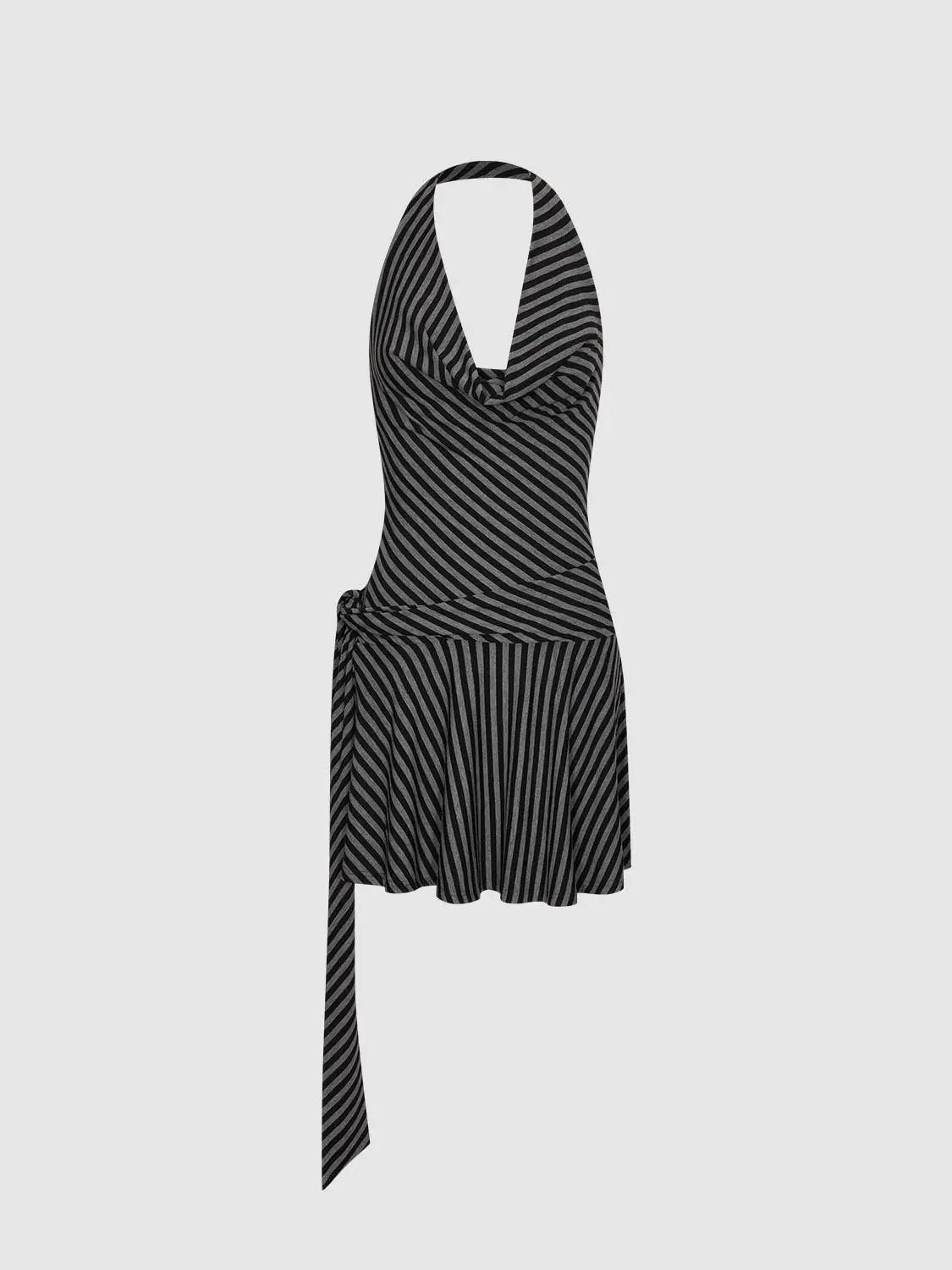 Halter Cowl Neck Striped Sleeveless Straight Midi Dresses by Urban Revivo Fashion