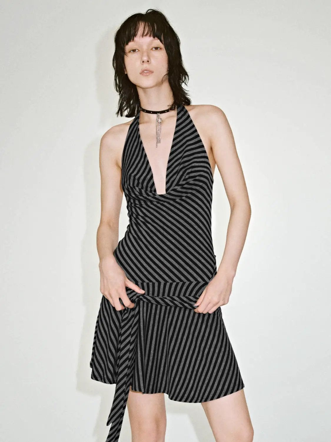 Halter Cowl Neck Striped Sleeveless Straight Midi Dresses by Urban Revivo Fashion