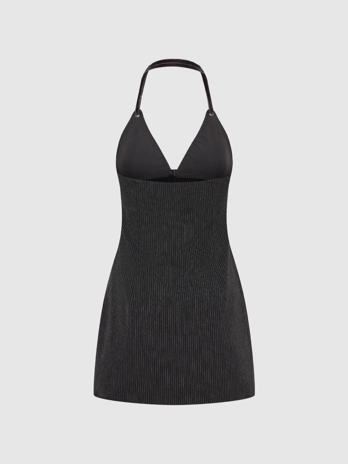 A-Line Dress in black with halter neckline and pinstripe skirt