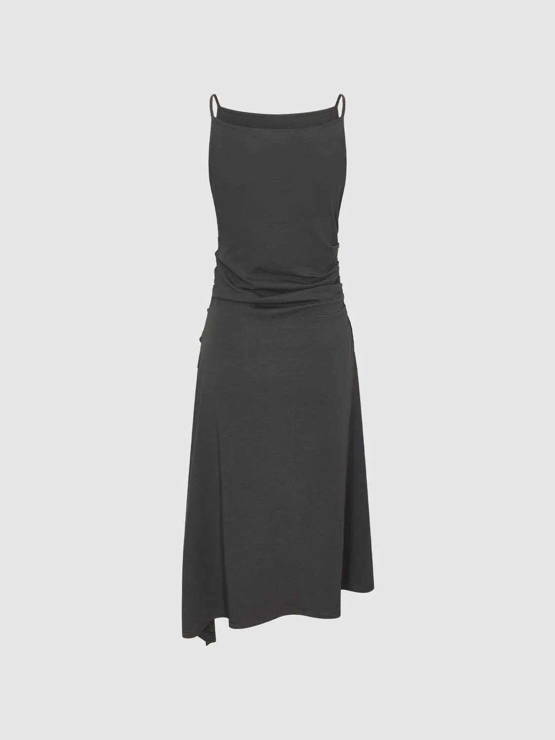 Skinny-fit dress in charcoal gray with spaghetti straps, ruched waist and a long flowing skirt.