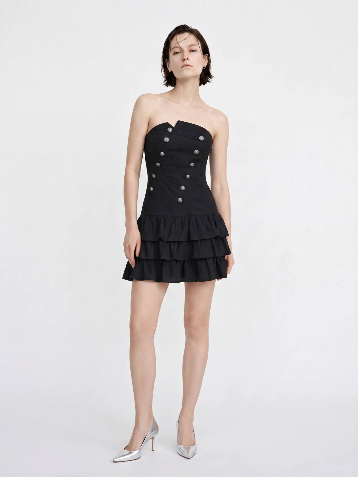 Strapless corset-bodice cotton-linen W-A-Line dress in black with tiered ruffle hem and silver-toned buttons