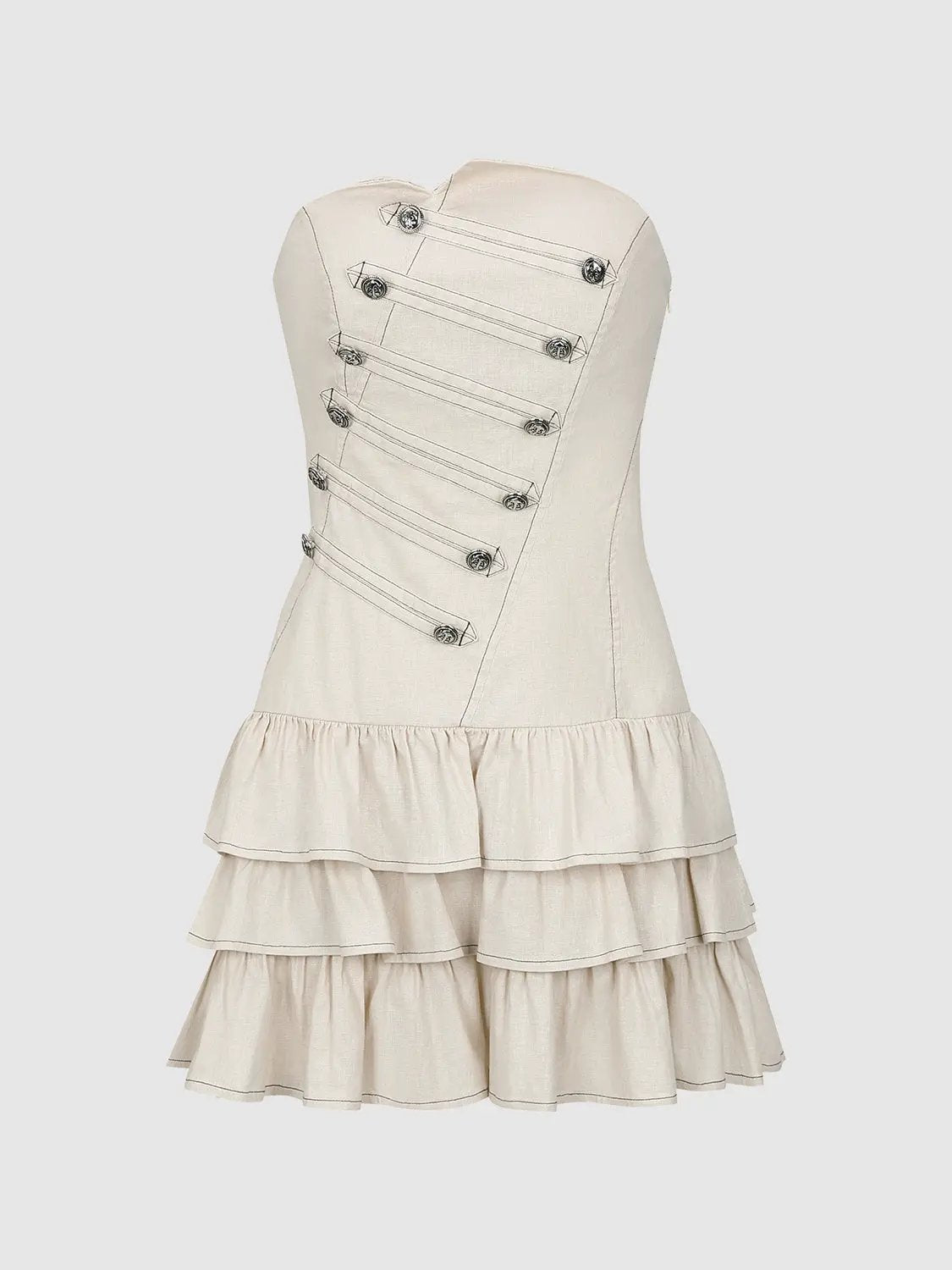 Strapless corset-bodice cotton-linen A-line dress with tiered ruffle hem in ivory