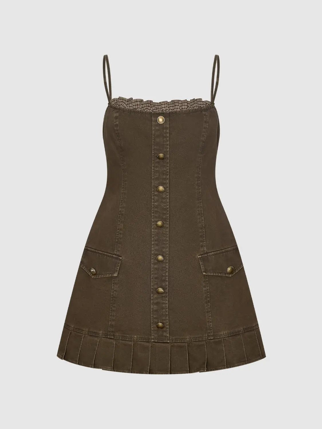 A-line dress by Urban Revivo Fashion in brown with spaghetti straps, center button-down, pockets