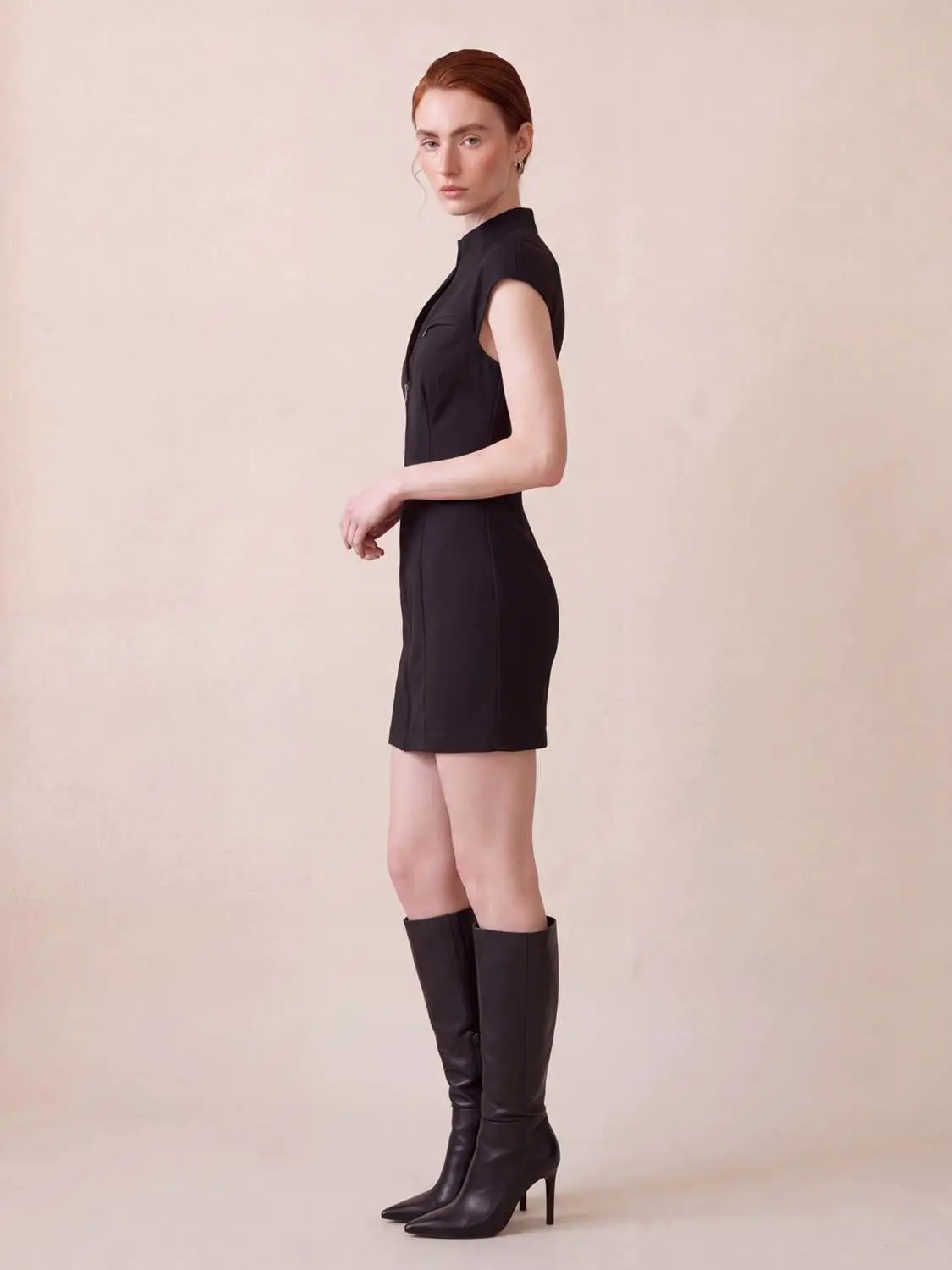 S-Shaped Zip Front Sleeveless Mini Cotton-Blend Dress, black by Urban Revivo Fashion