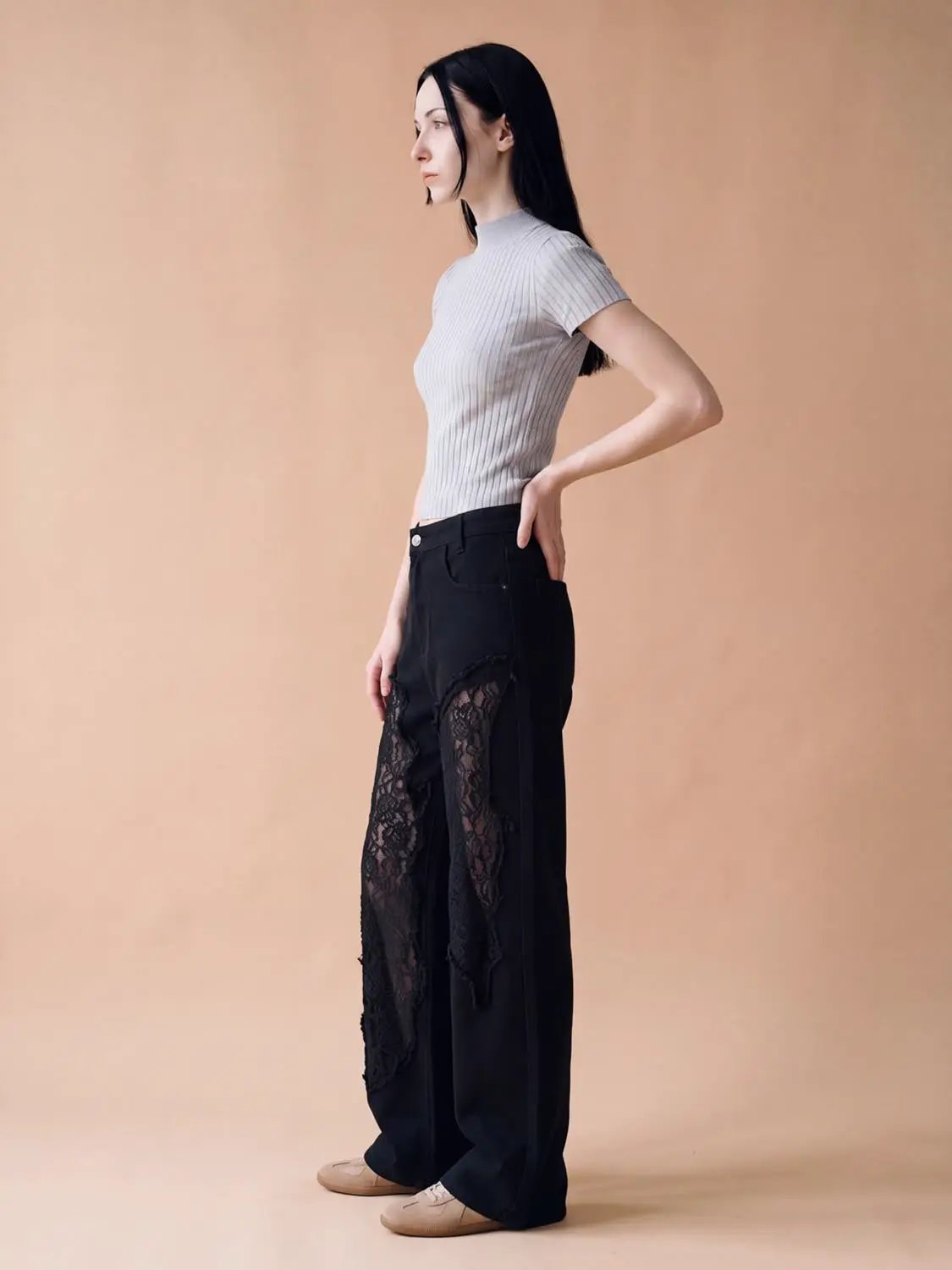 High Rise Ripped Lace Panel Wide Leg Cotton Jeans by Urban Revivo Fashion, black with lace panels