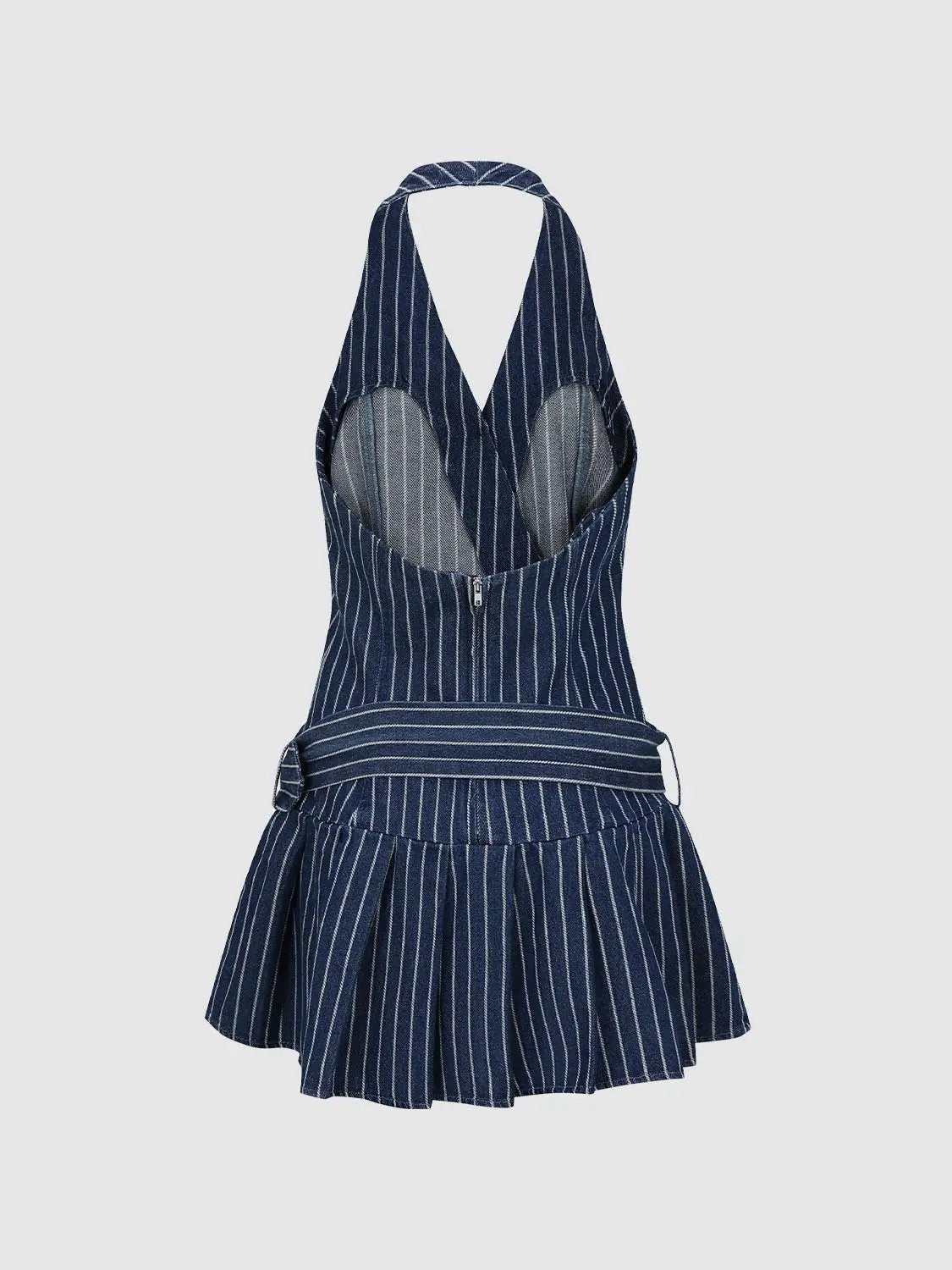 Denim halter dress in navy with white pinstripes, back zipper, belted waist and pleated skirt.