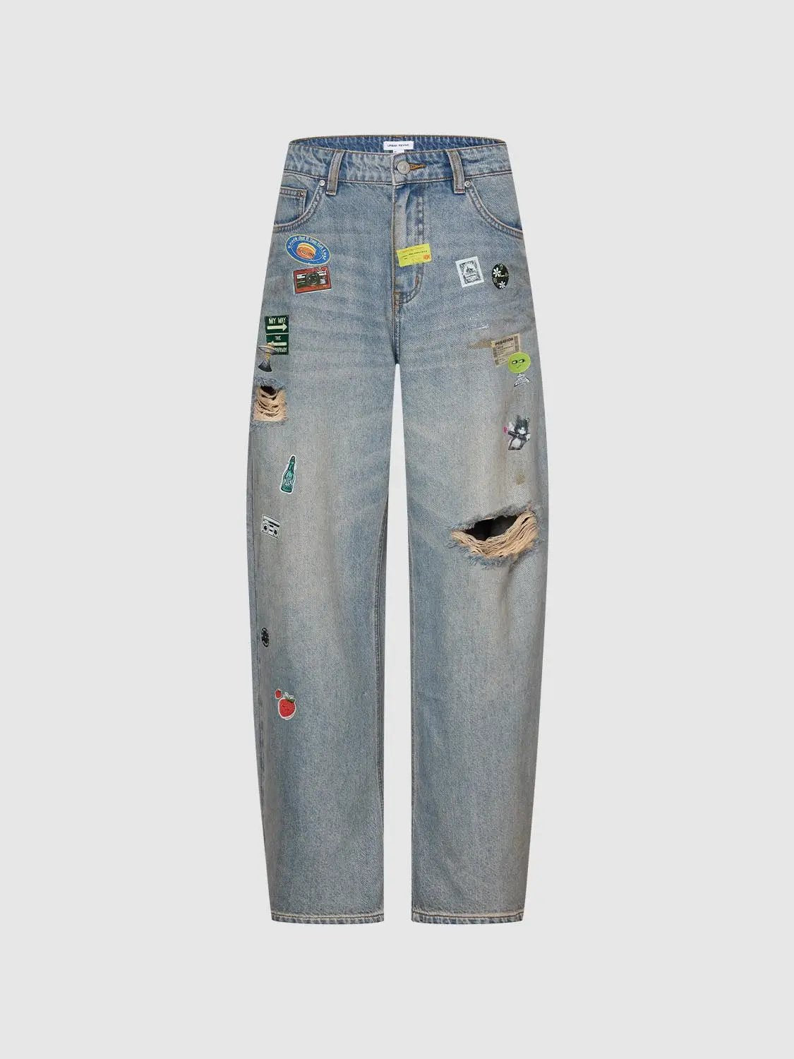 Patchwork Raw-Detail Barrel-Leg Jeans by Urban Revivo Fashion, blue denim with patchwork and ripped knee