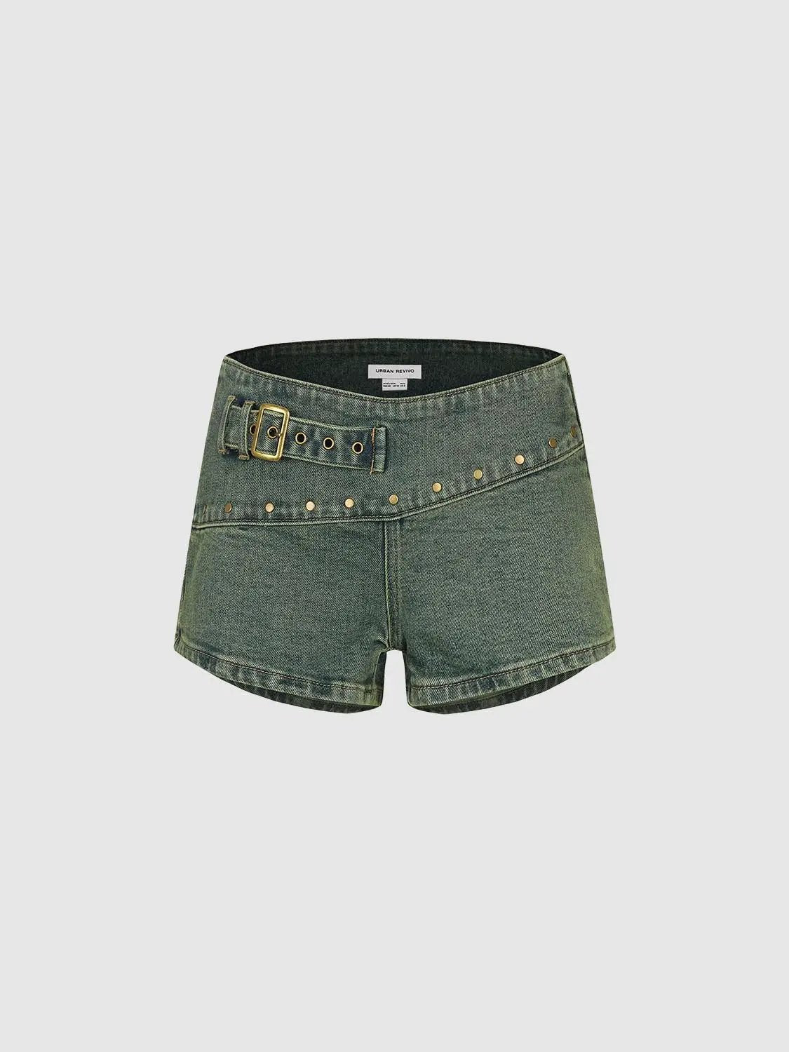 Denim shorts with belted waist and studded gold hardware in olive green by Urban Revivo Fashion