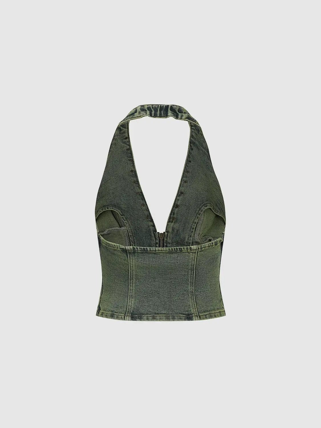 Cropped studded halter zip cotton denim shirt in olive green by Urban Revivo Fashion