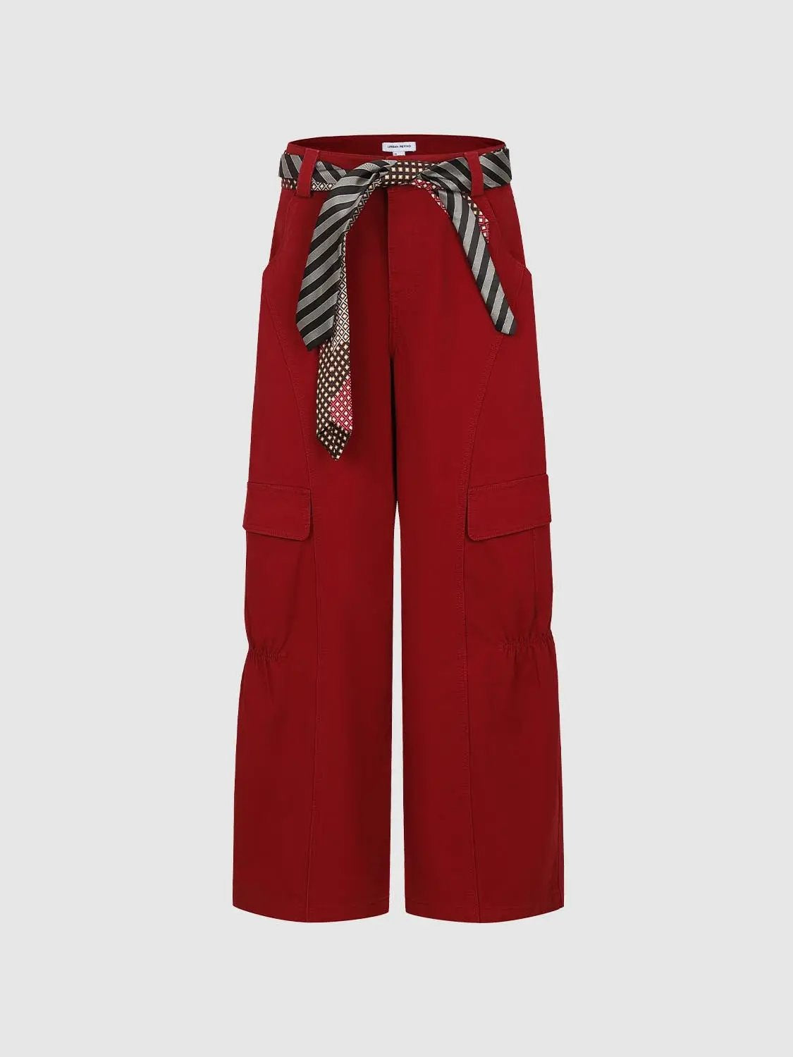 Casual Pants, red women's cargo pants with large pockets and a printed scarf belt.