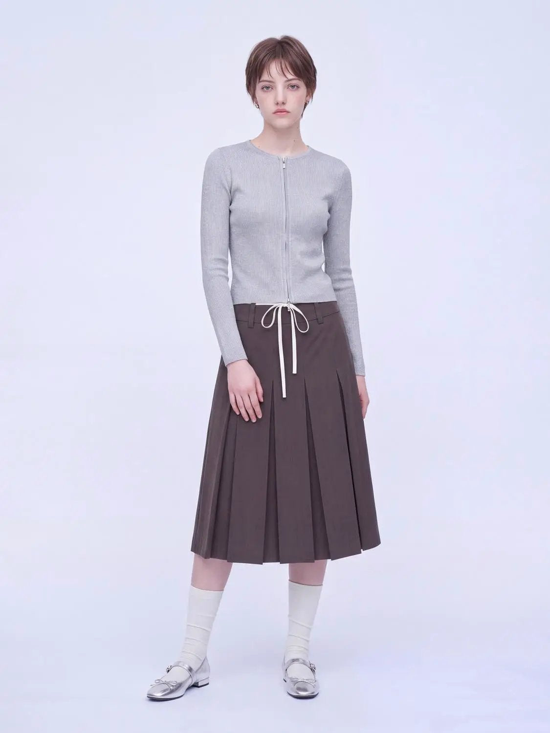 Zip Through Knitted Cardigans by Urban Revivo Fashion, light gray zip-front ribbed knit cardigan