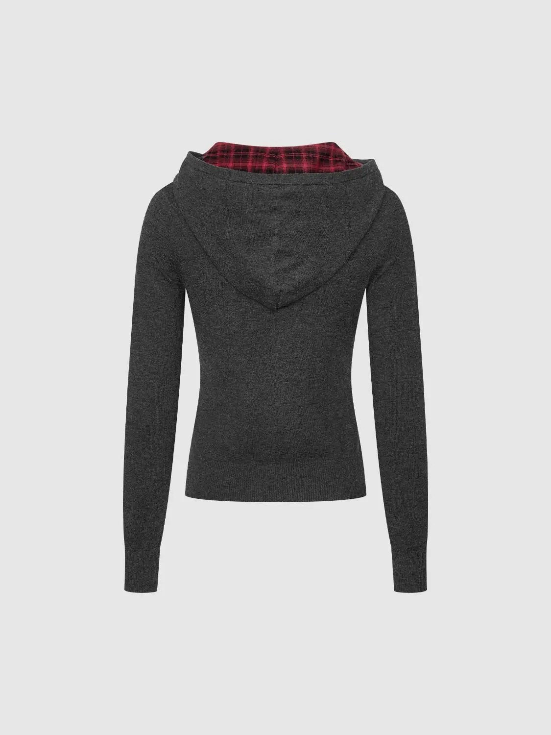 Knit Jacket hooded cardigan by Urban Revivo, dark gray knit with red plaid hood lining