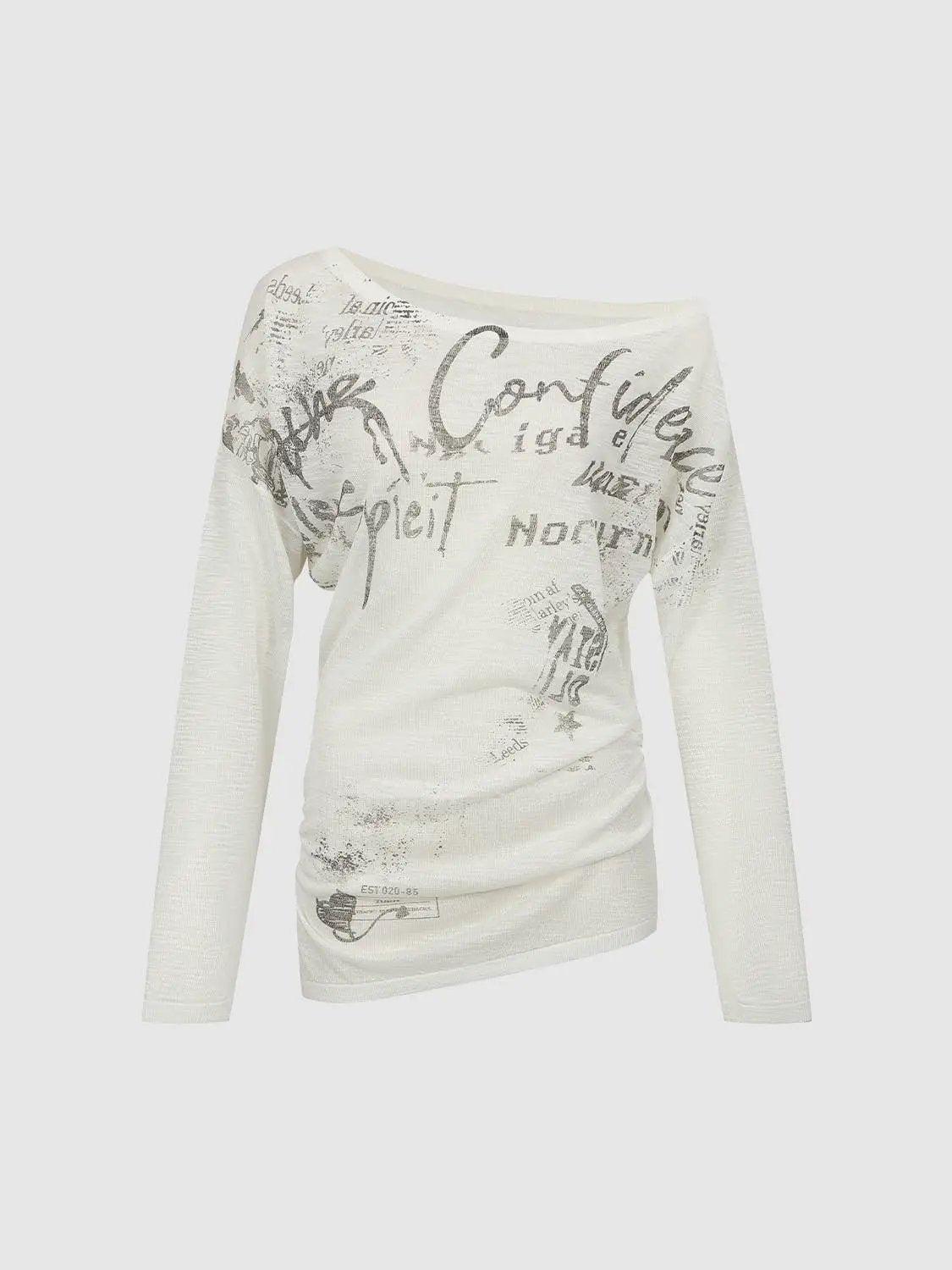 Knit T-Shirt by Urban Revivo Fashion, cream knitted long-sleeve top with abstract gray print.