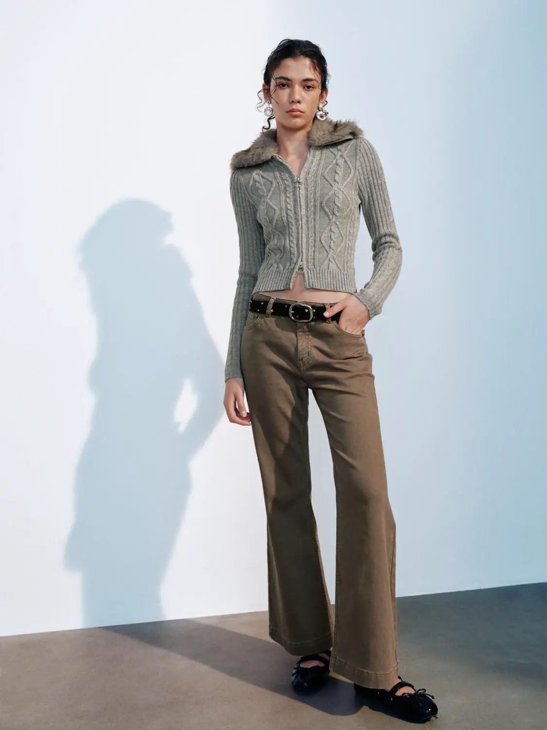 Knit Jacket by Urban Revivo Fashion, light gray cable-knit with faux fur collar and zip front