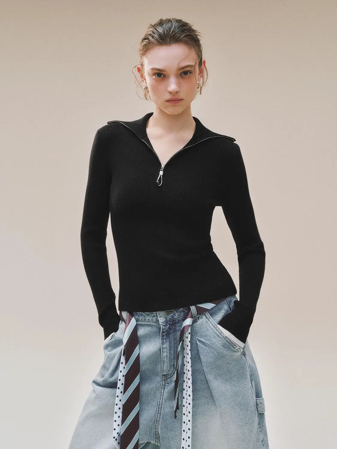 Knit T-Shirts black ribbed knit top with a silver zipper detail at the neckline