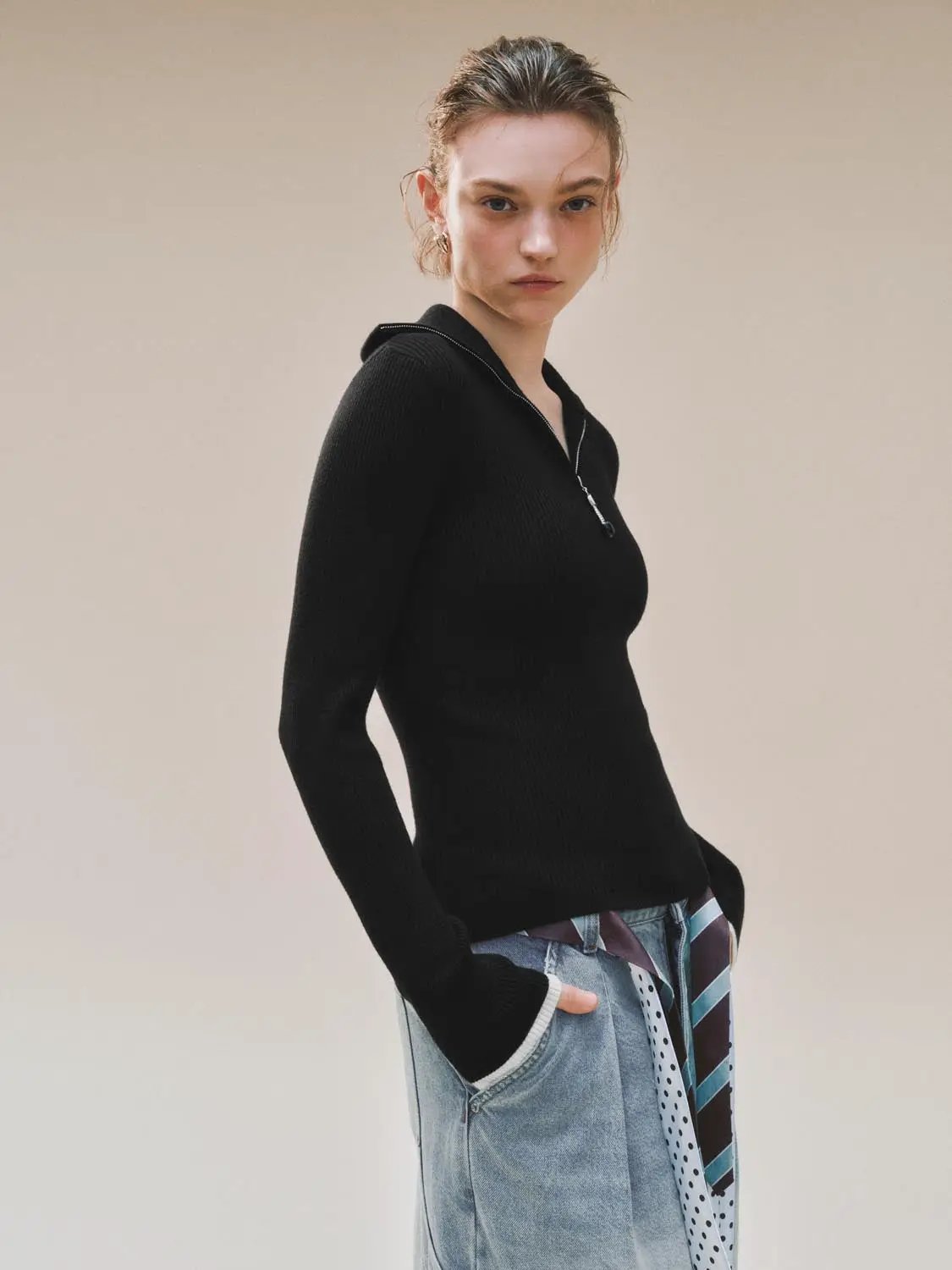 Knitted T-shirt, black ribbed knit with zip neckline and long sleeves