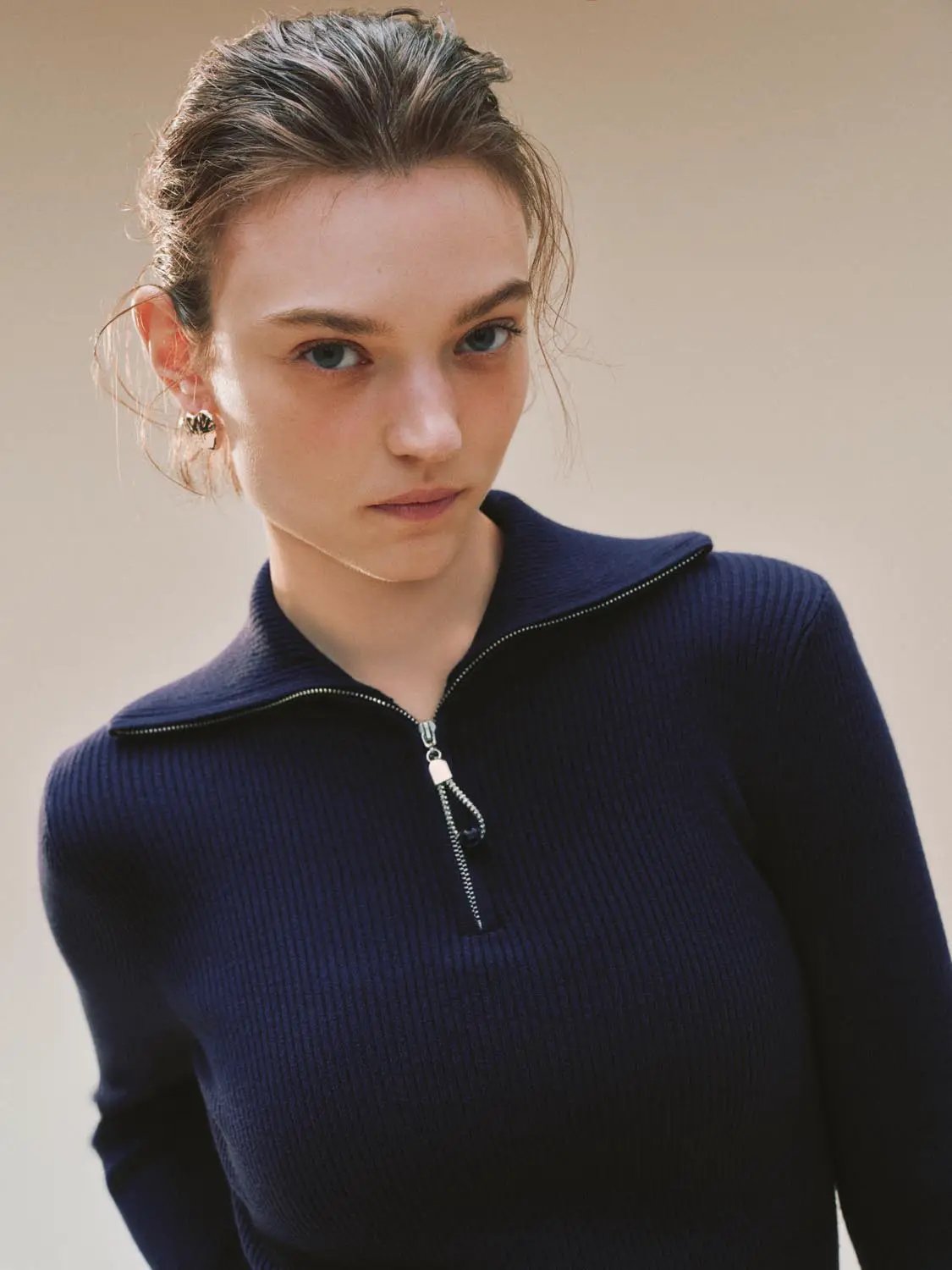 Knitted T-Shirts navy ribbed knit with zip collar by Urban Revivo Fashion
