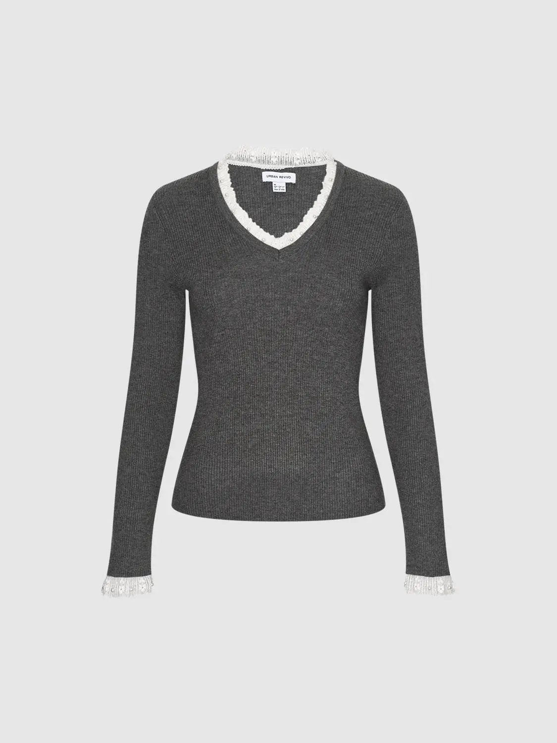 Knit T-Shirt by Urban Revivo Fashion, dark gray knitted fabric with white lace trim at the V-neck and cuffs