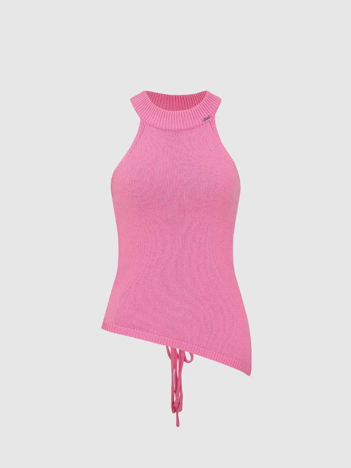 Knit T-Shirt, pink sleeveless knit top with ribbed high neck and drawstring hem, Urban Revivo Fashion