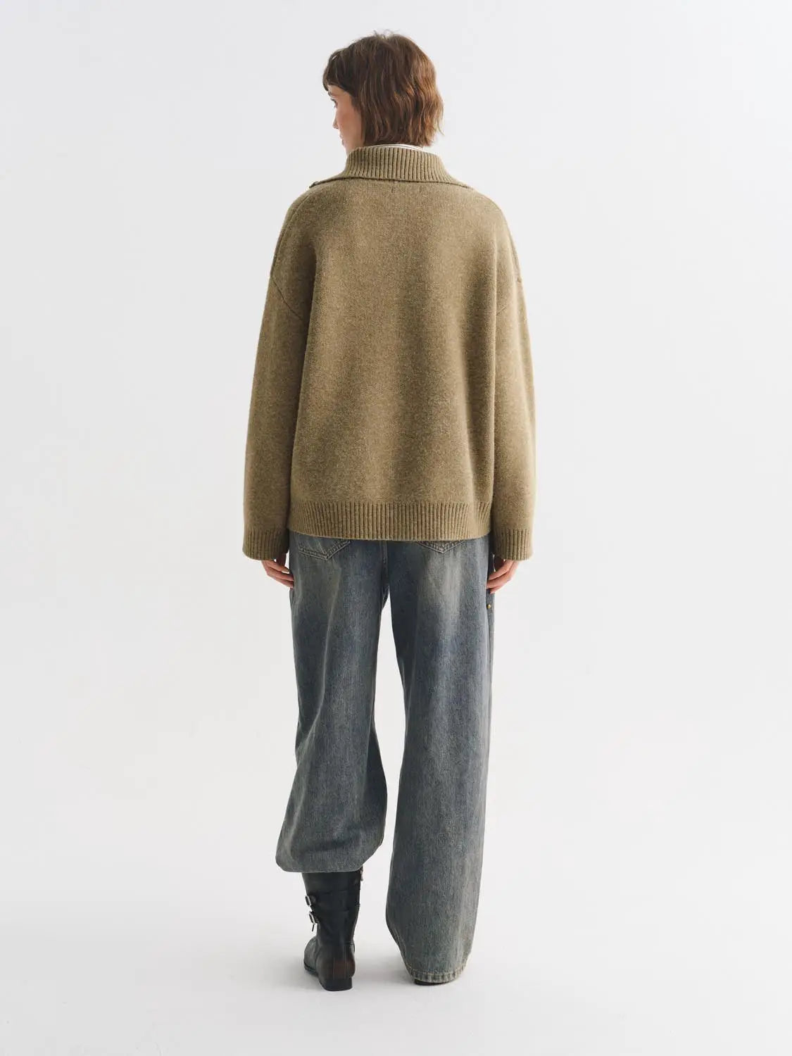 Knit jacket by Urban Revivo Fashion; tan beige knitted cardigan with ribbed hem and collar.