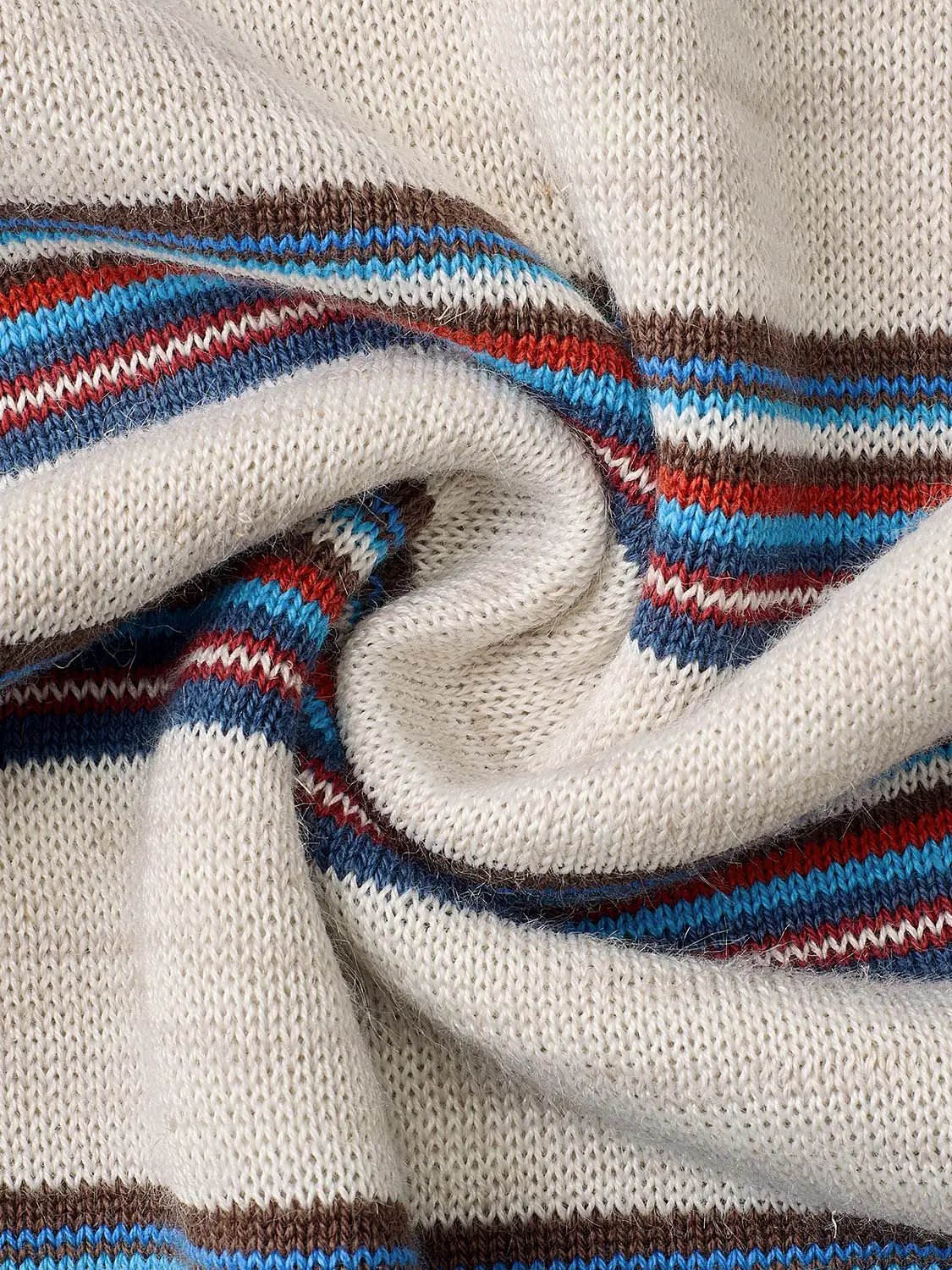 Striped asymmetric-neckline knit tank top in cream with blue, red and brown stripes.