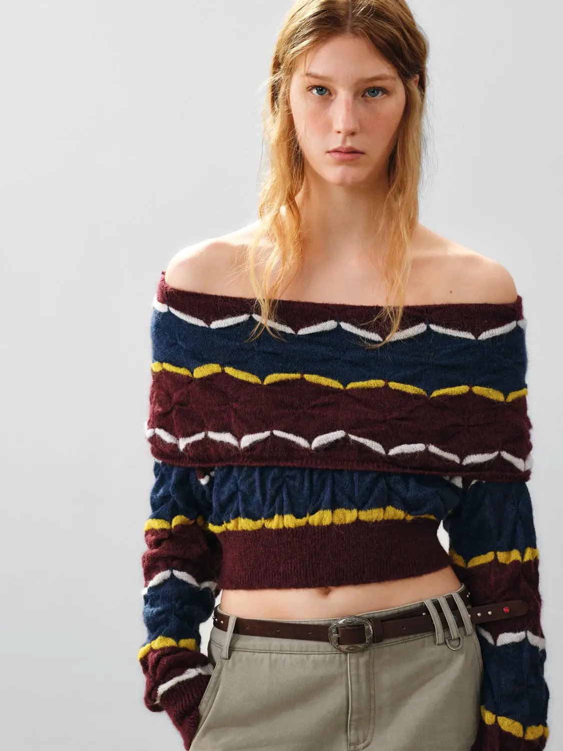 Cropped striped textured long-sleeve knit sweater by Urban Revivo Fashion in maroon and navy.