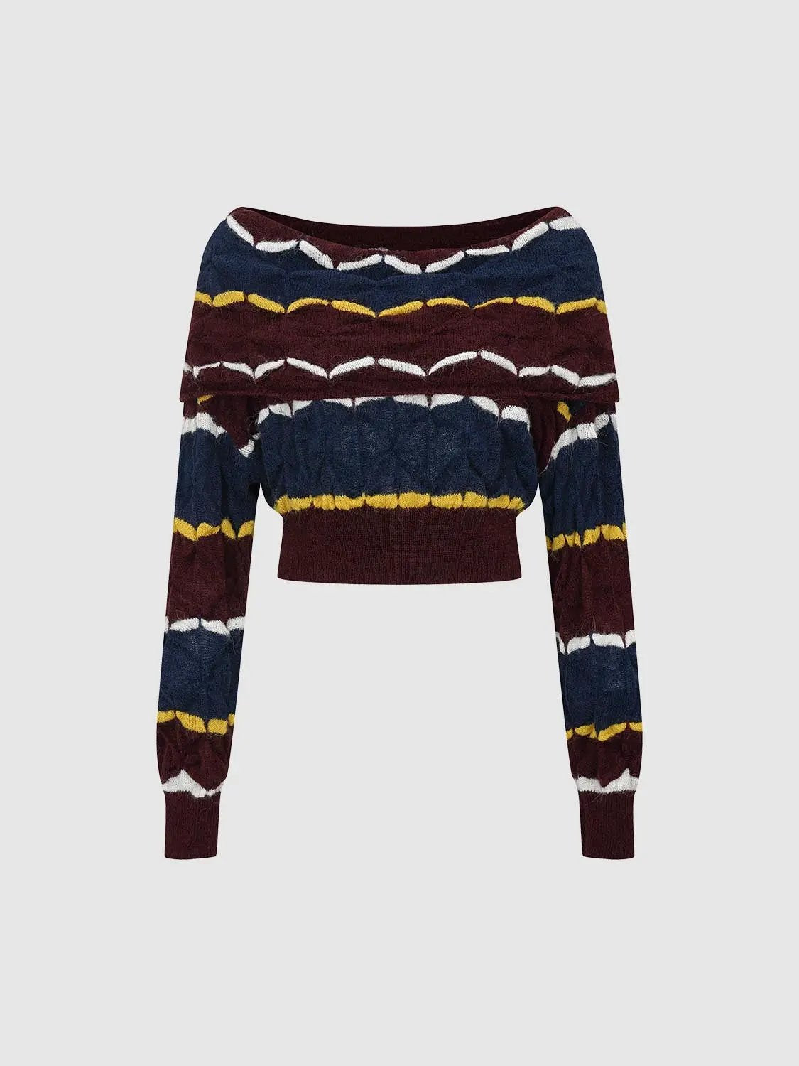 Cropped off-shoulder striped textured knit sweater in navy, maroon, white and mustard by Urban Revivo Fashion